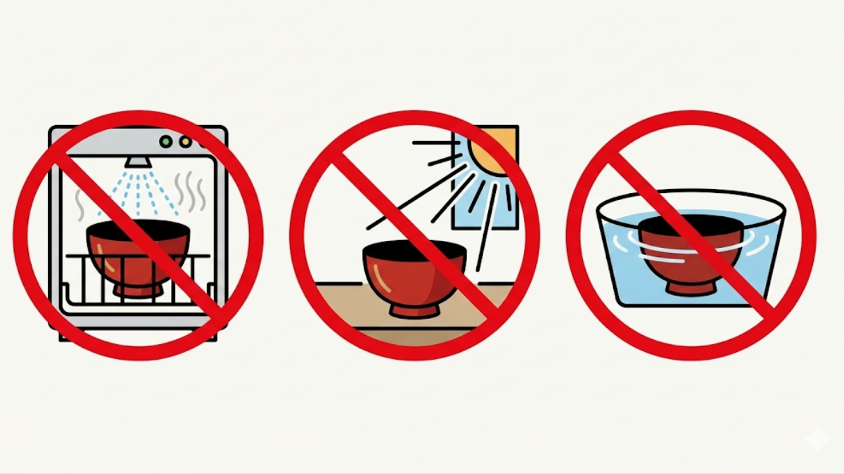 Icons showing dishwasher, direct sunlight, and soaking in water crossed out with prohibition marks