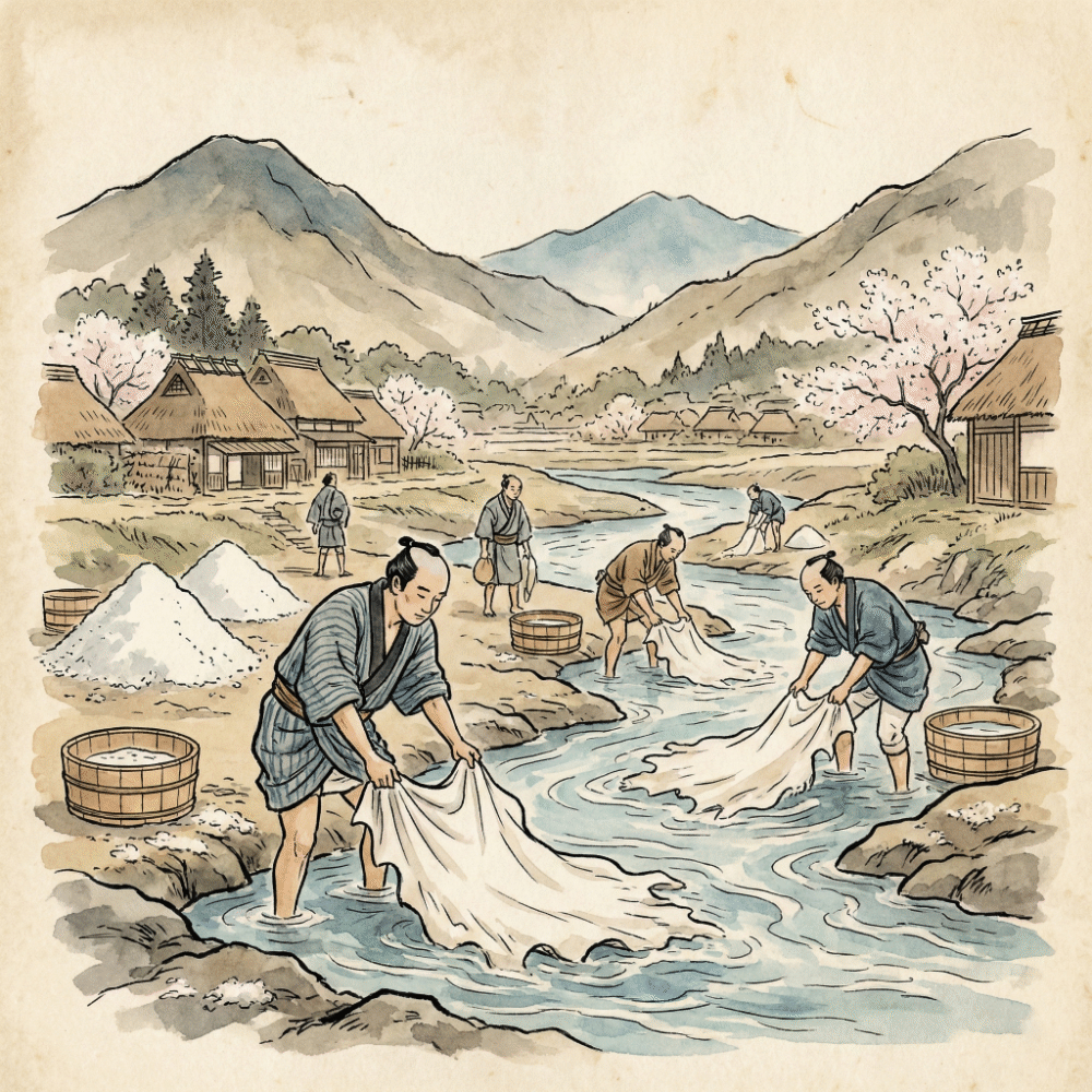 Historical illustration of Himeji leather craftspeople washing hides in a river using traditional methods