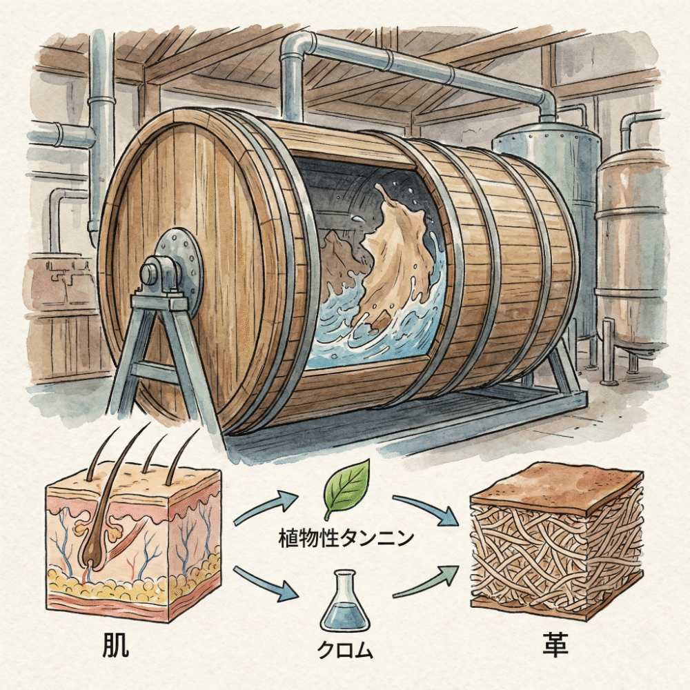 Illustration showing tannin liquid extracted from tree bark alongside a drum tanning process