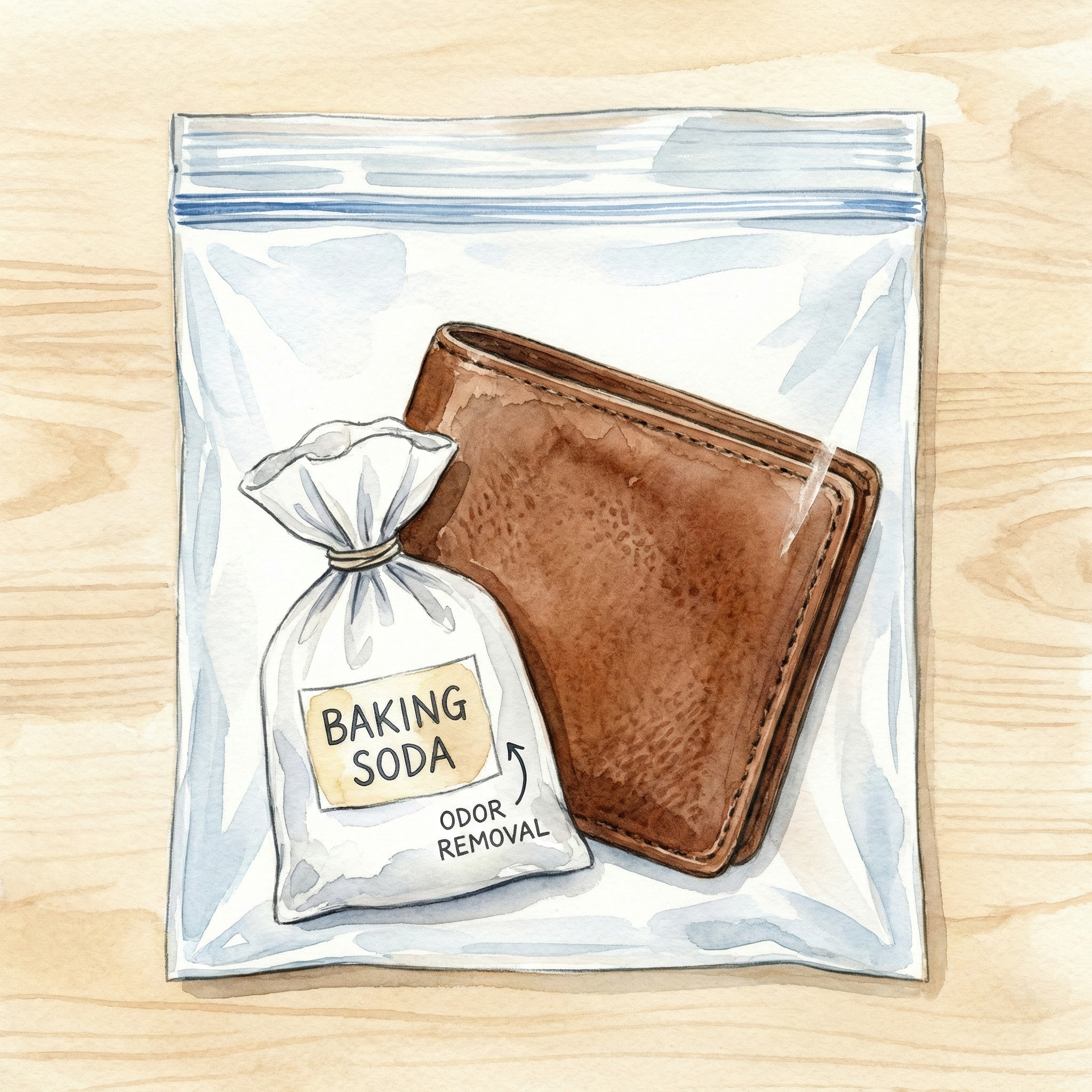 Illustration of a leather wallet and a baking soda pack sealed together inside a zip-lock bag for deodorizing