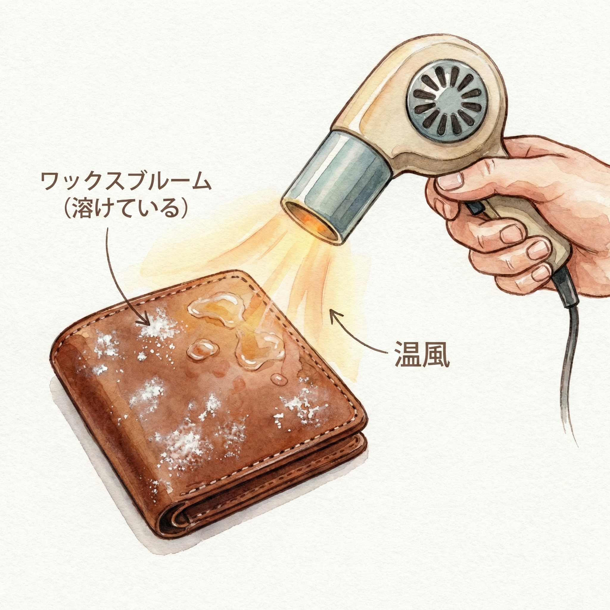 Illustration of testing white powder on leather with a hair dryer to check if it melts (bloom) or stays (mold)