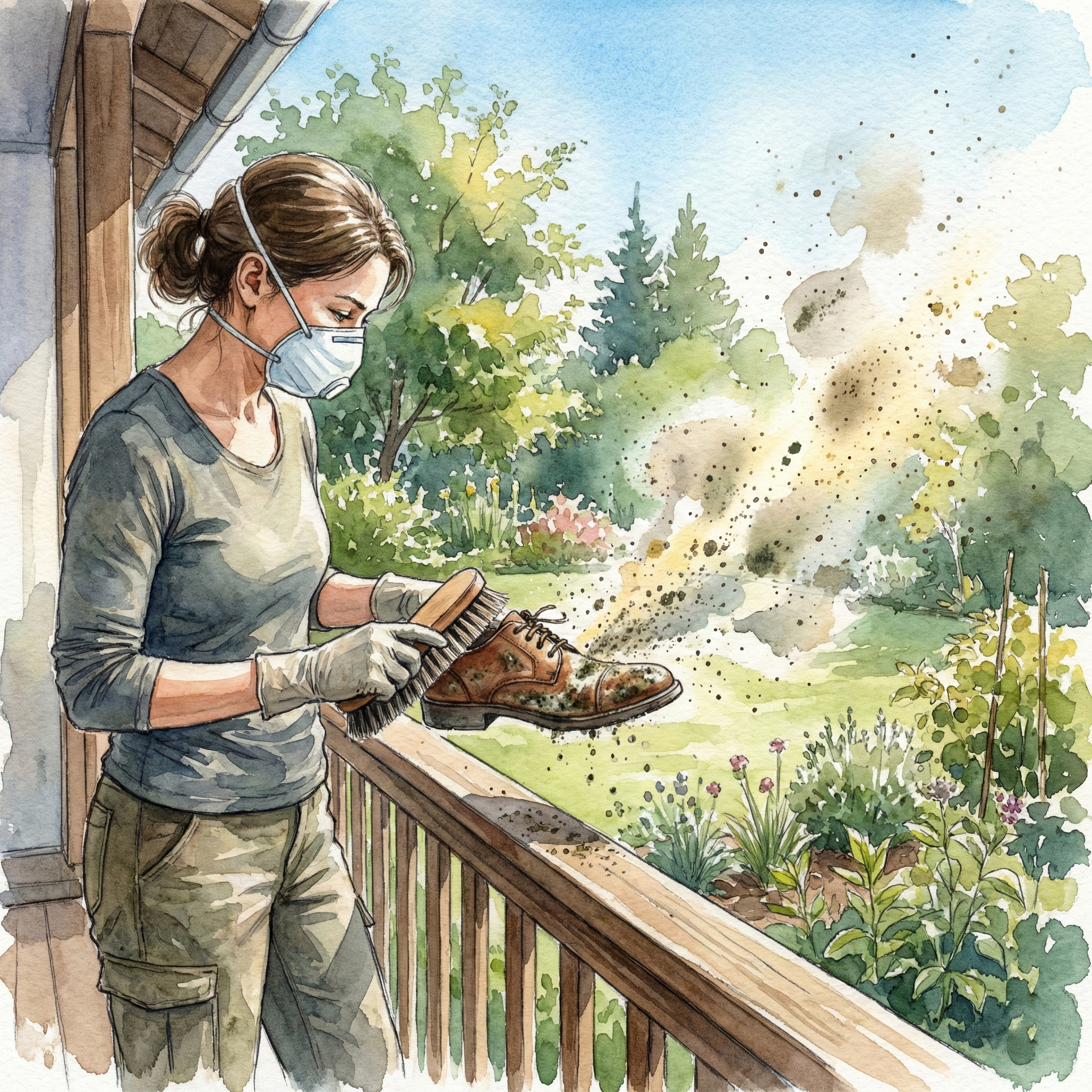 Illustration of brushing mold off leather shoes on a balcony while wearing a mask