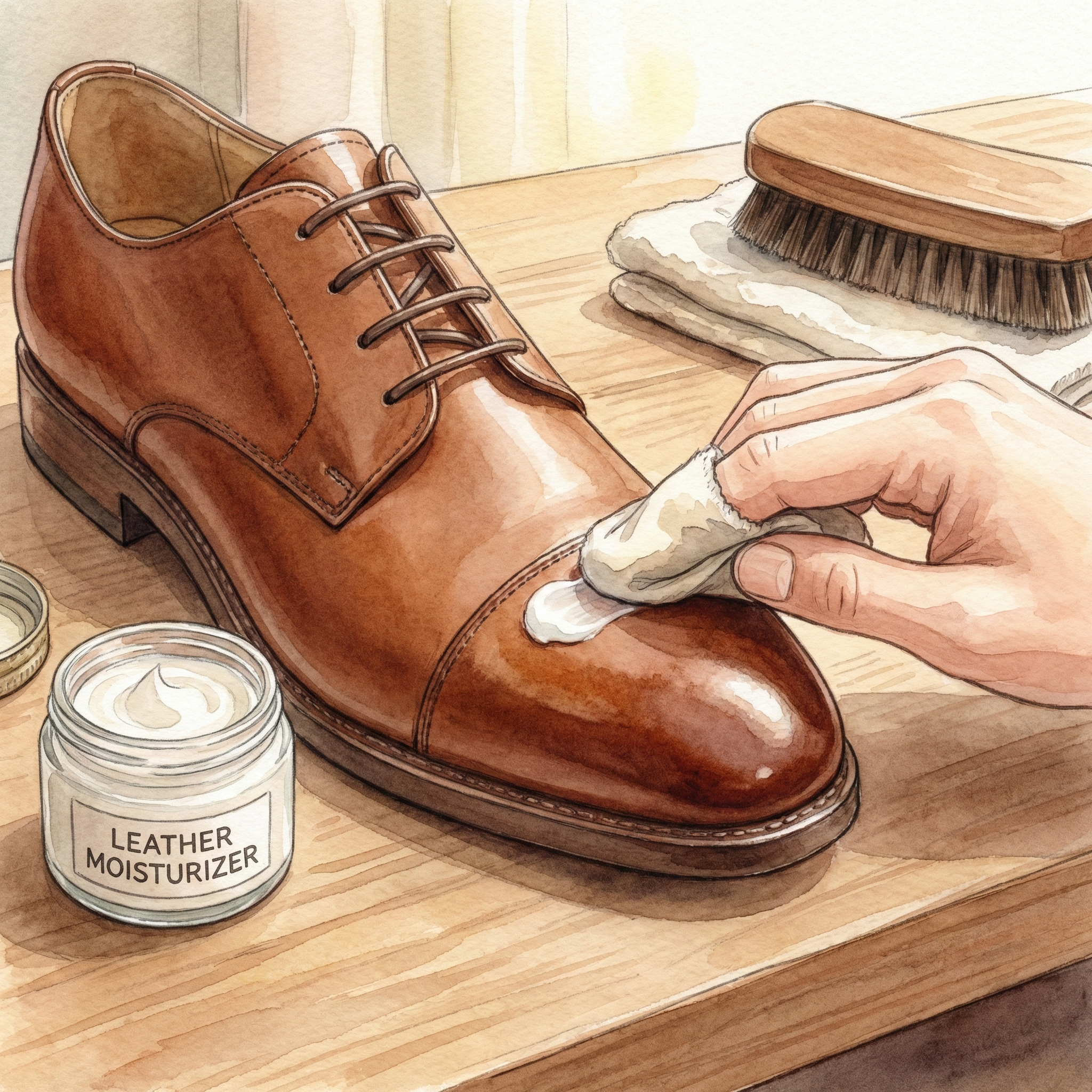 Illustration of applying leather conditioner to a clean leather surface after mold removal
