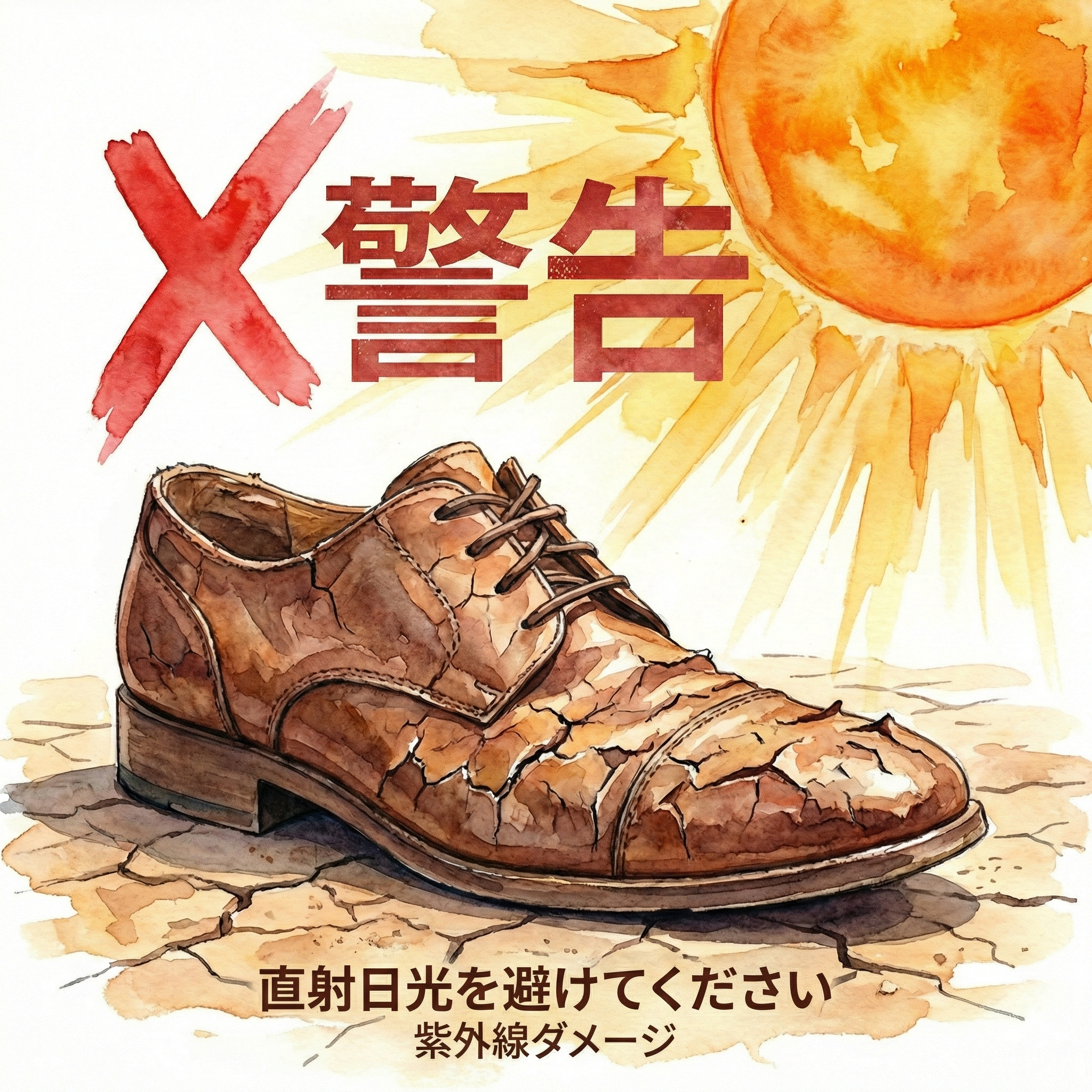 Illustration of leather shoes cracking and deteriorating from direct sunlight exposure, with a warning icon