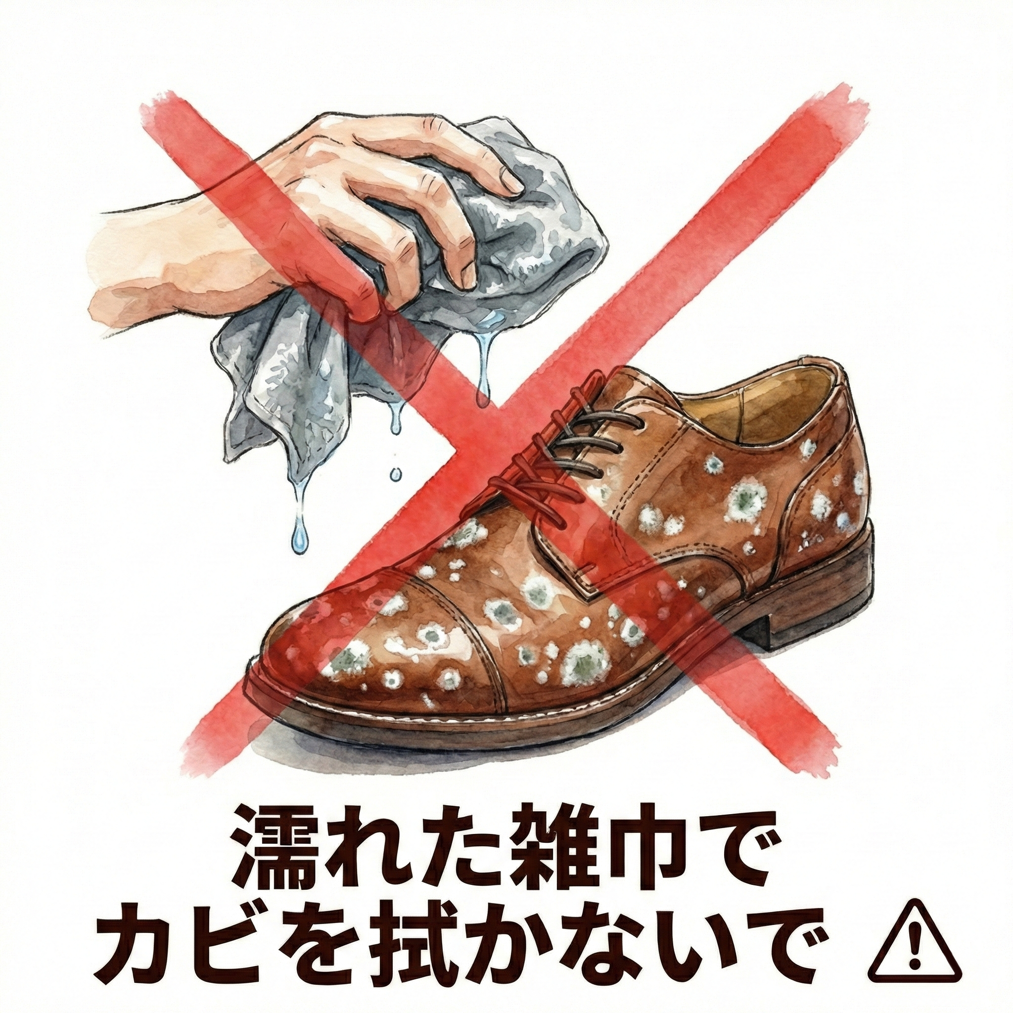 Illustration showing a wet cloth approaching moldy leather shoes with an X warning sign