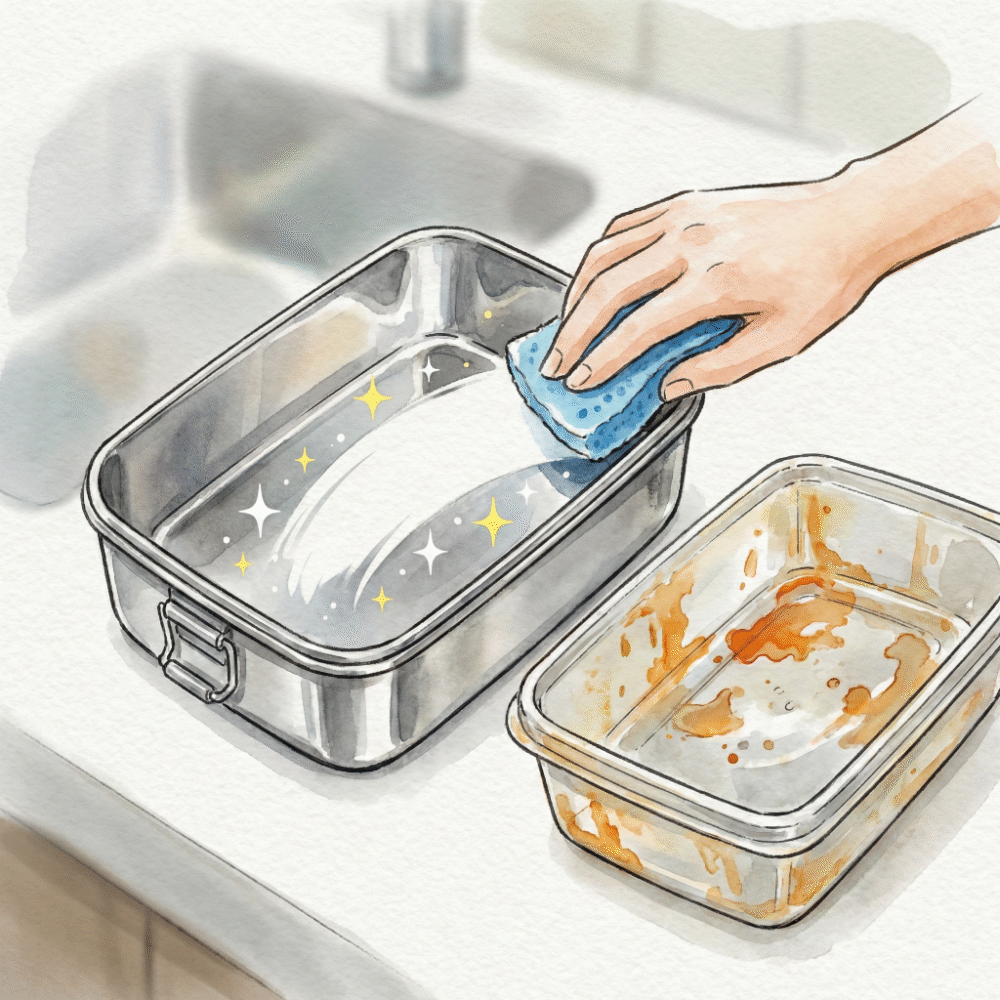 Illustration of a stainless steel bento box being wiped clean effortlessly