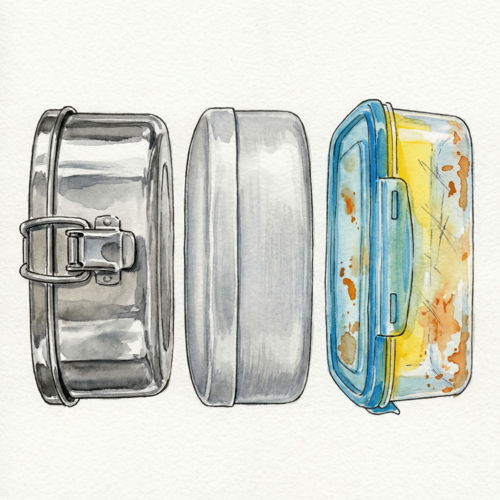 Comparison illustration of stainless steel, aluminum, and plastic bento boxes side by side