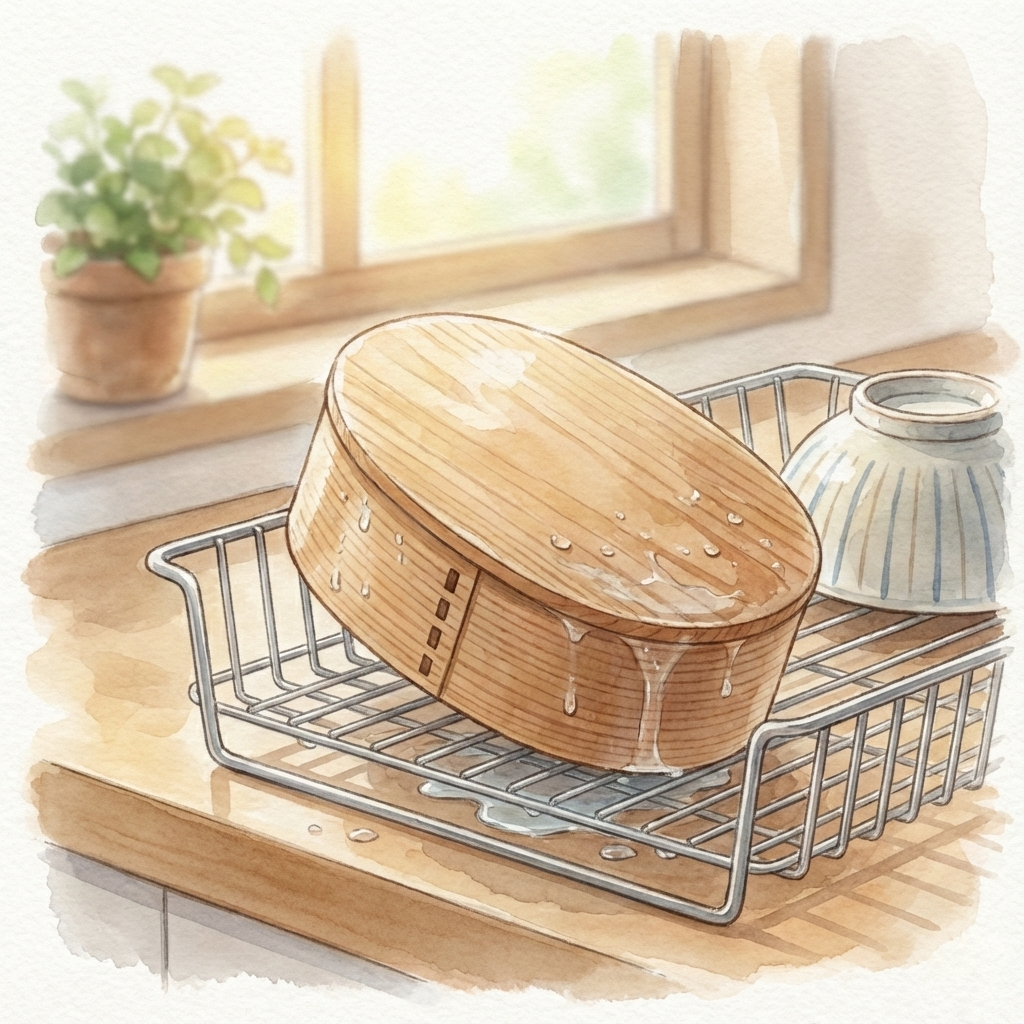 Illustration of a magewappa bento box drying face-down in a dish rack — what not to do