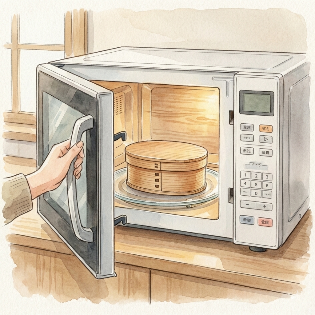 Illustration of a magewappa bento box being placed in a microwave — what not to do