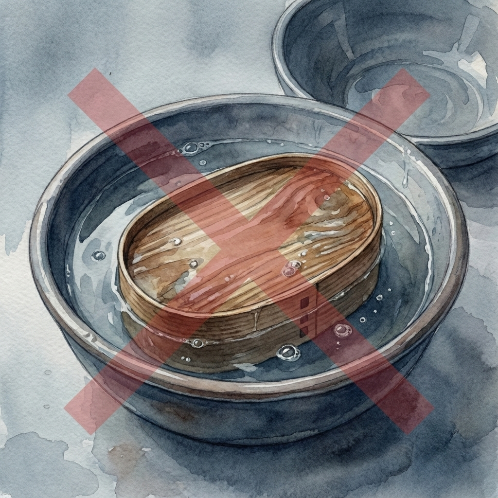 Illustration of a magewappa bento box submerged in a bowl of water overnight — what not to do