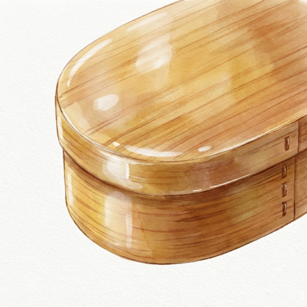 Illustration showing the glossy surface of a urethane-lacquered magewappa bento box