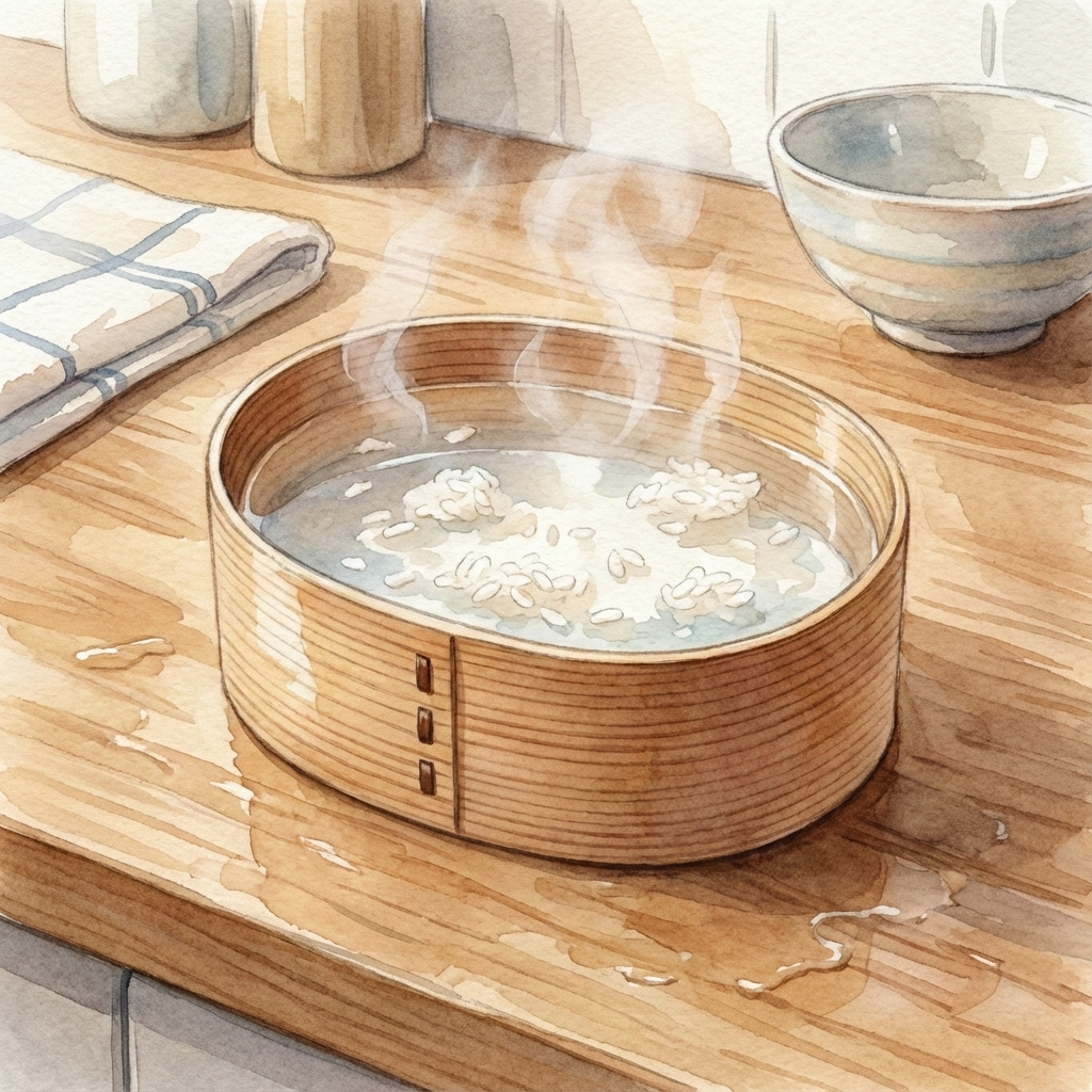 Illustration of a magewappa bento box soaking briefly in warm water to loosen stuck rice