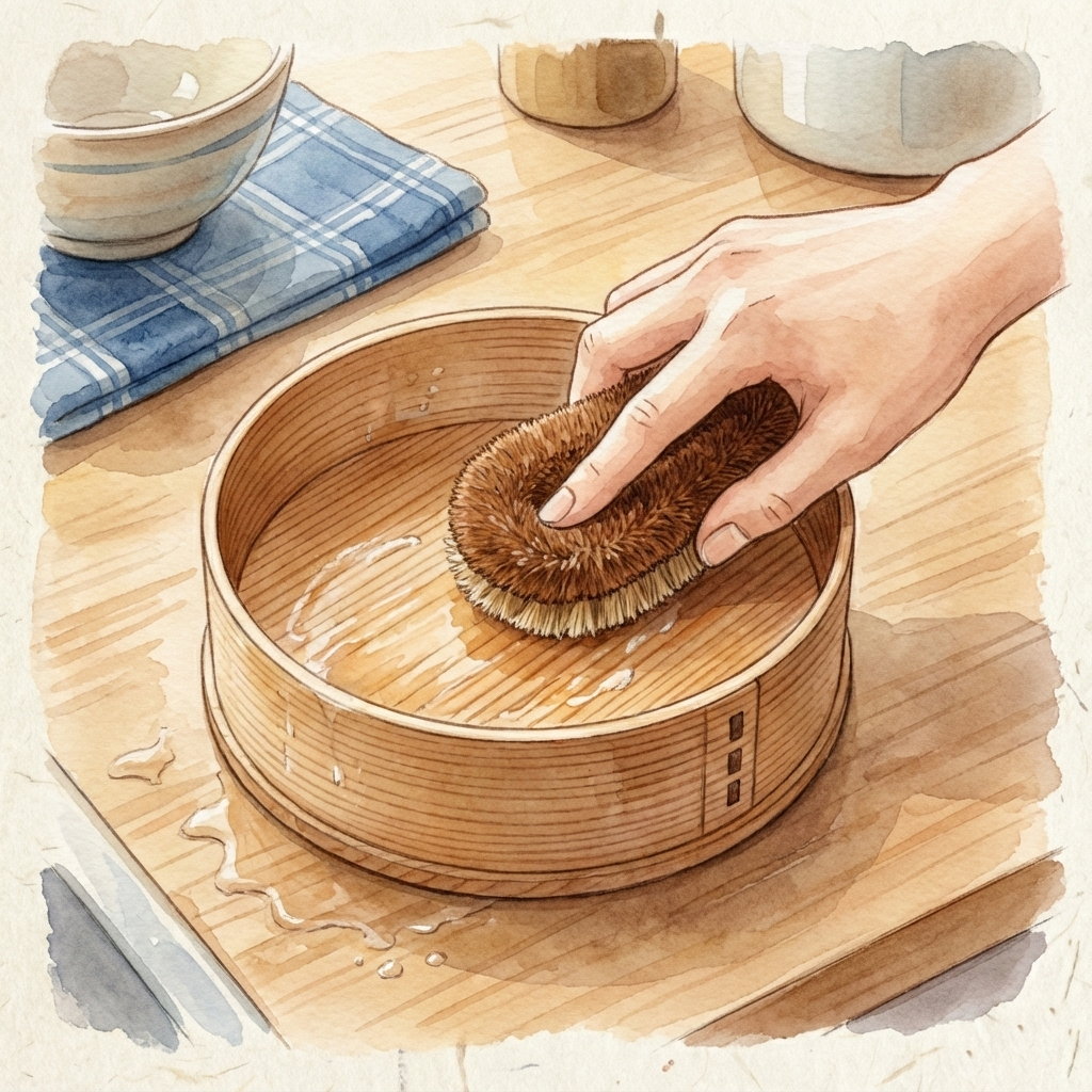 Illustration of scrubbing a magewappa bento box along the grain with a natural tawashi brush