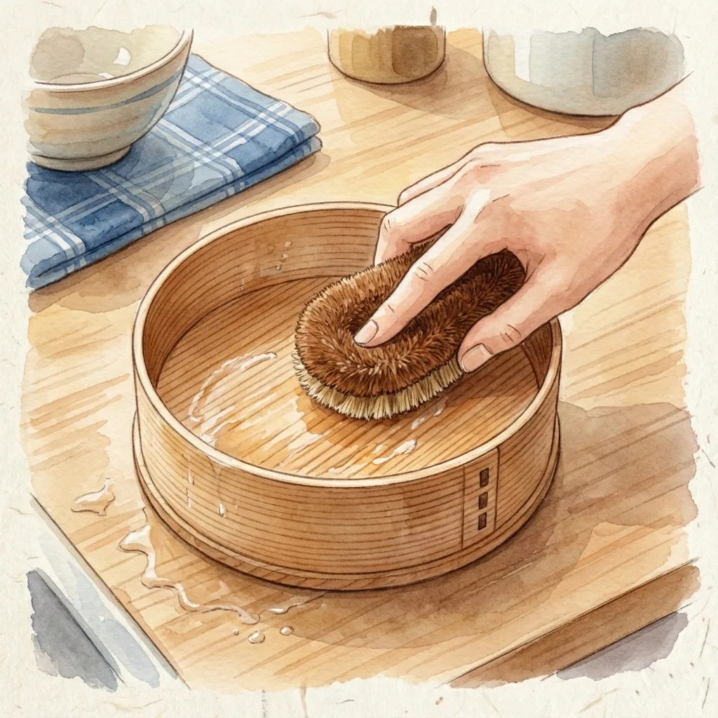 Illustration of scrubbing a magewappa bento box along the grain with a natural tawashi brush