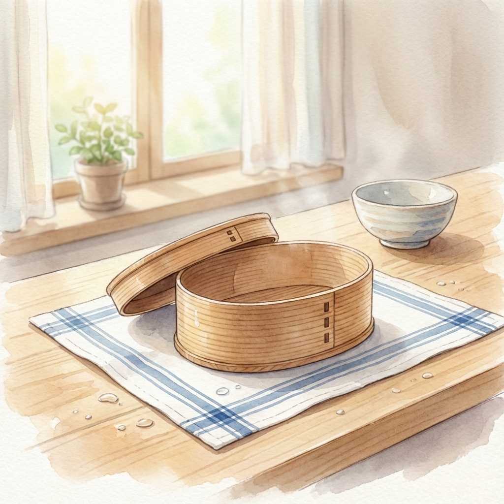 Illustration of a cleaned magewappa bento box standing opening-up to air-dry