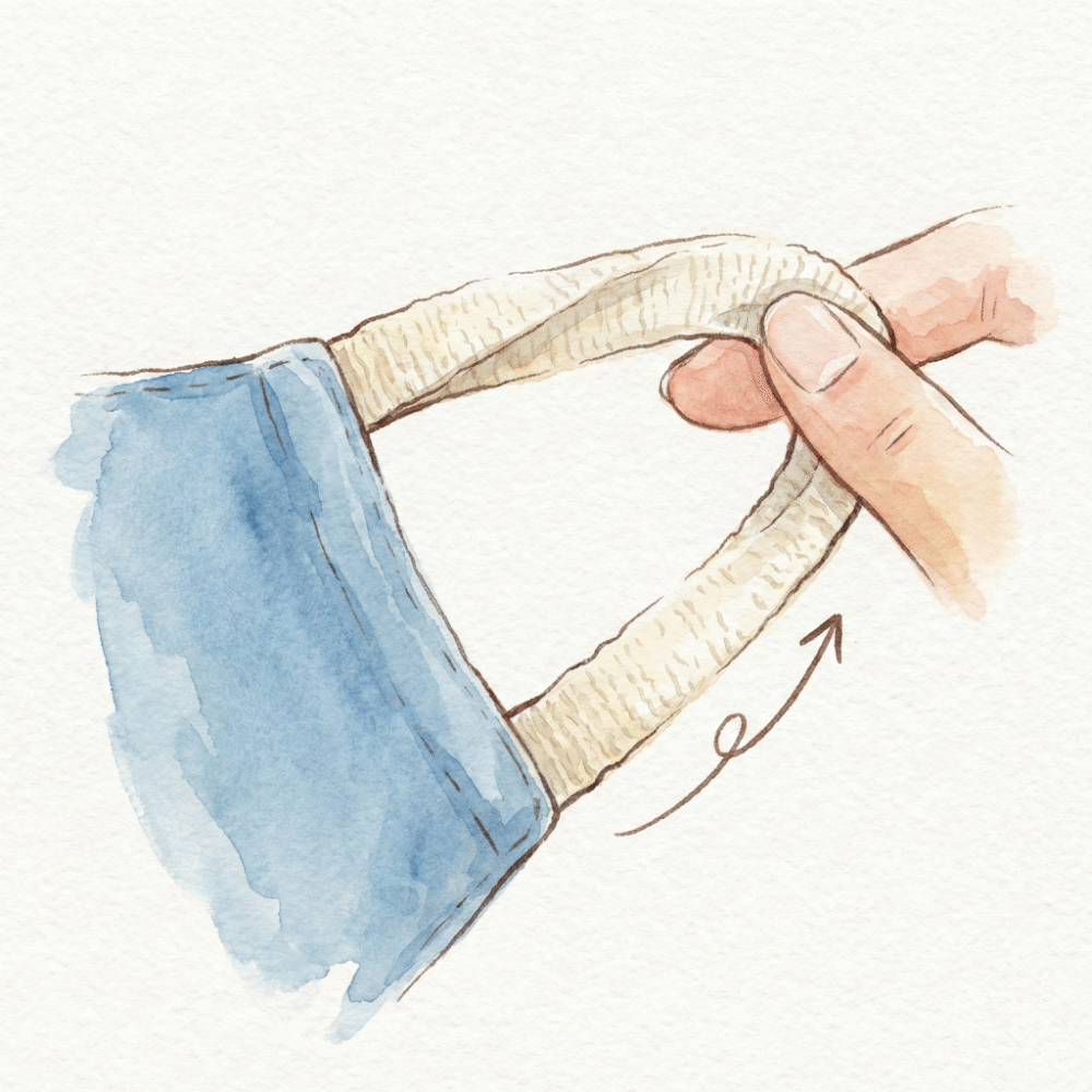 Illustration of a knit mask with wide, soft ear loops alongside a person adjusting loop length with a slider