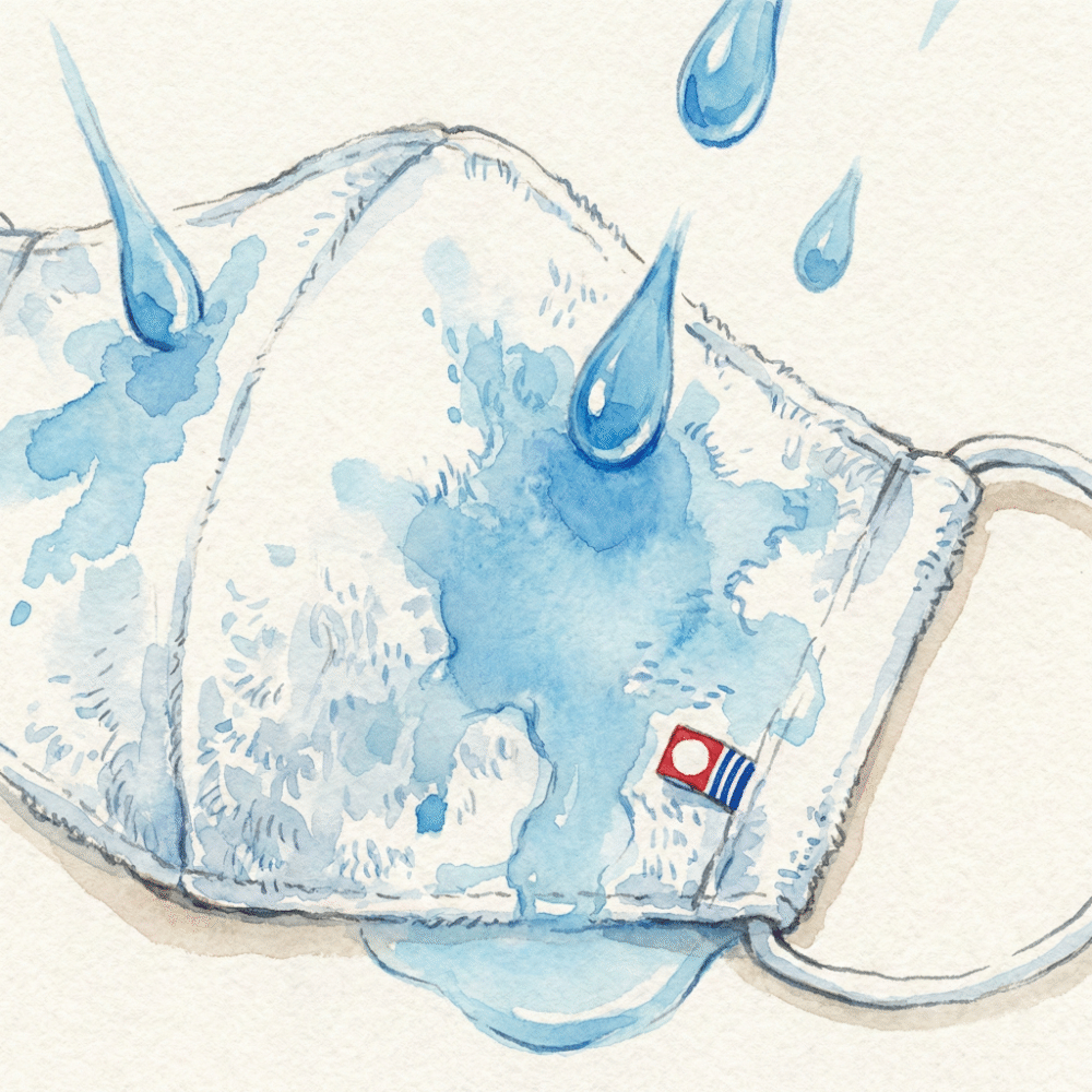 Illustration of a mask made from soft Imabari towel fabric alongside water-drop icons showing its high absorbency