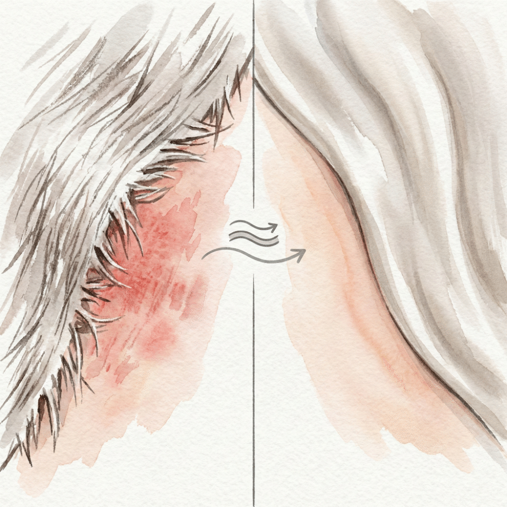 Illustration comparing skin friction damage from nonwoven masks versus the gentle protection of natural fiber masks