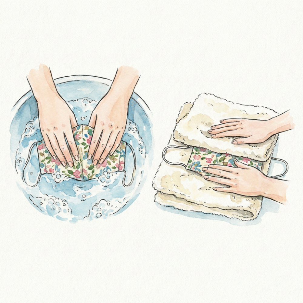 Illustration of gently hand-washing a mask in a basin and patting it dry between towels