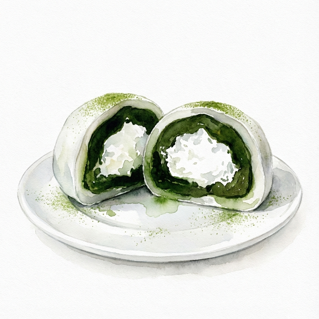 Cross-section of matcha daifuku showing matcha bean paste and fresh cream