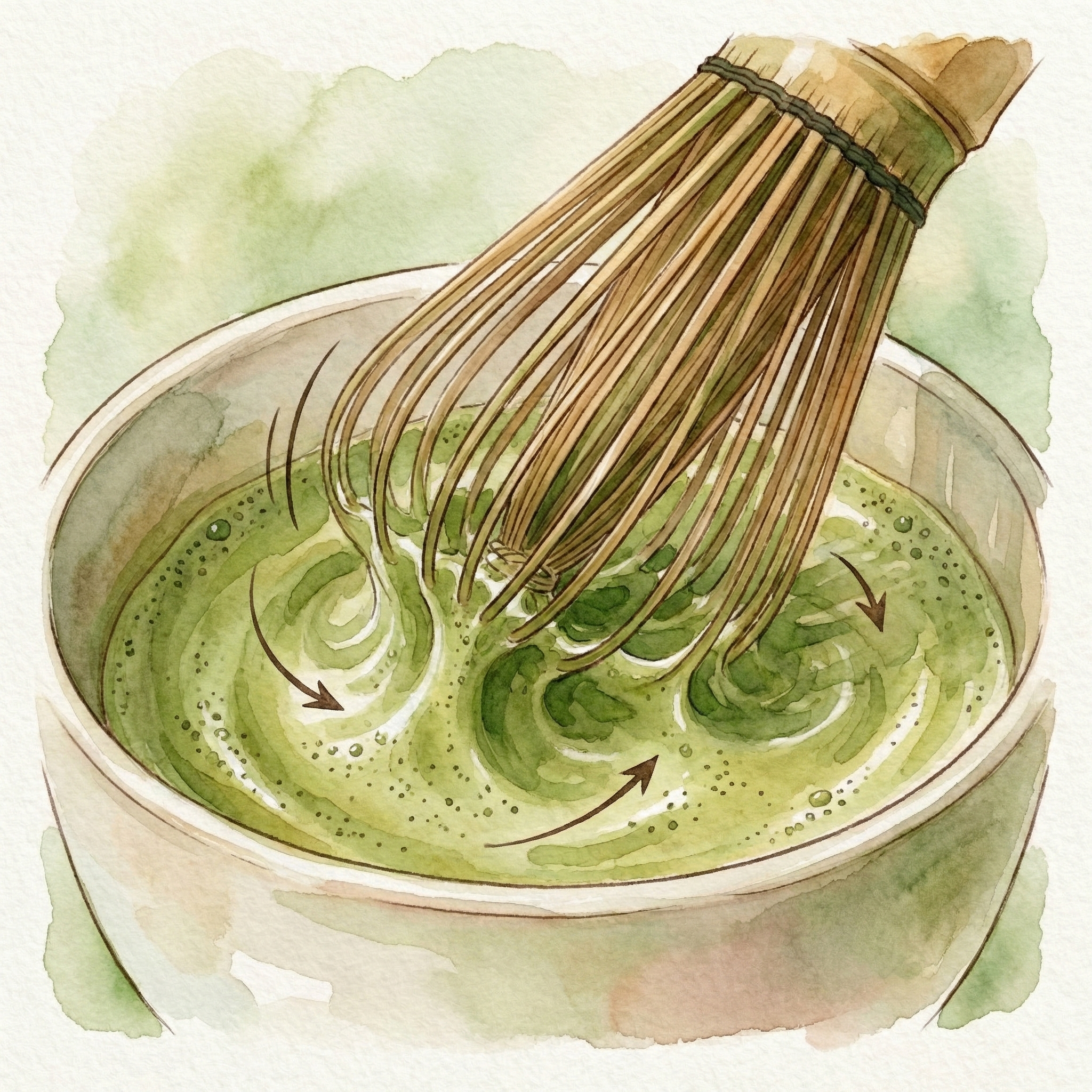 Diagram illustrating how the fine tines of a Takayama chasen aerate matcha to produce a fine, smooth foam