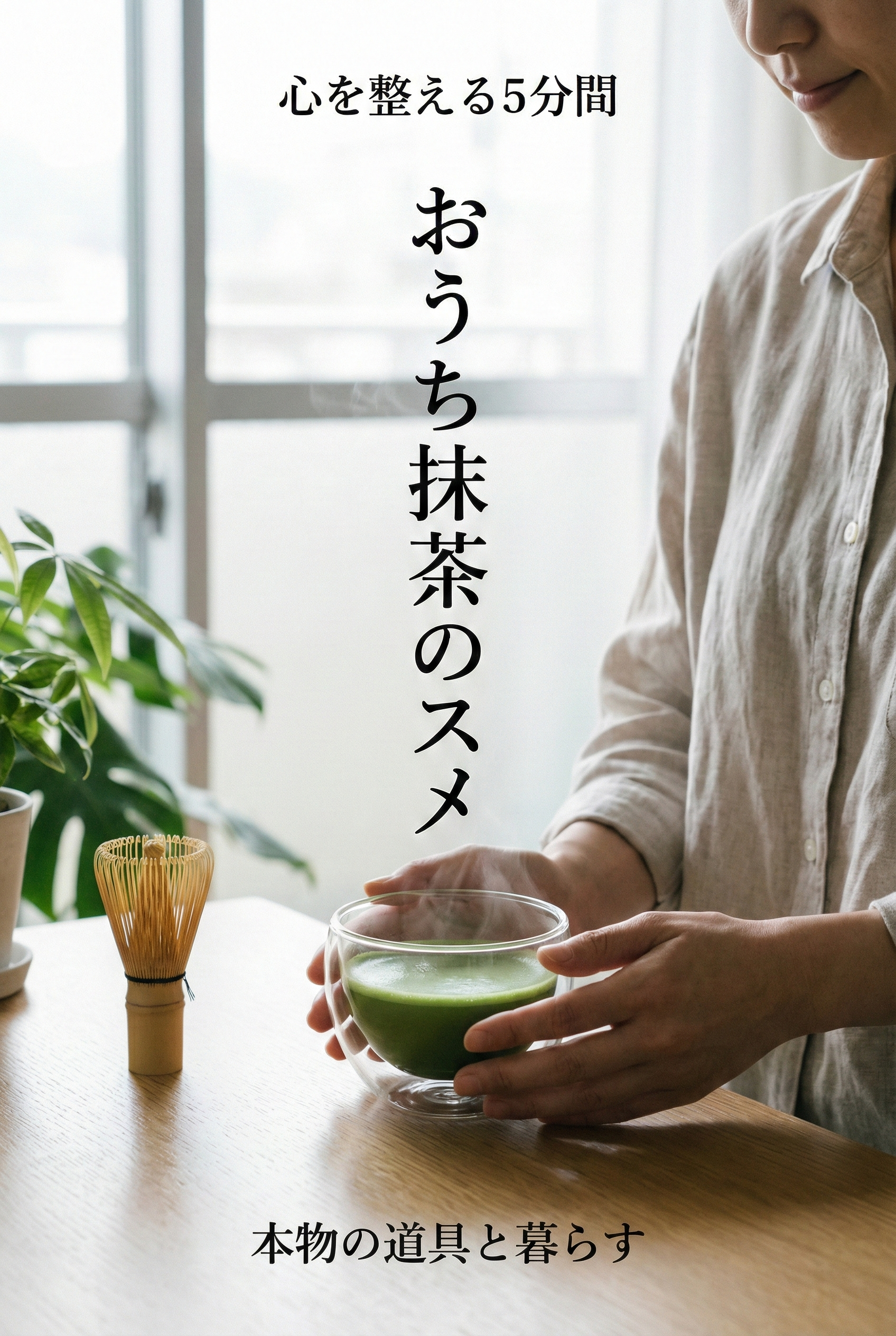 A quiet morning scene — vivid green matcha whisked in a glass bowl, enjoyed with a sense of calm and unhurried attention