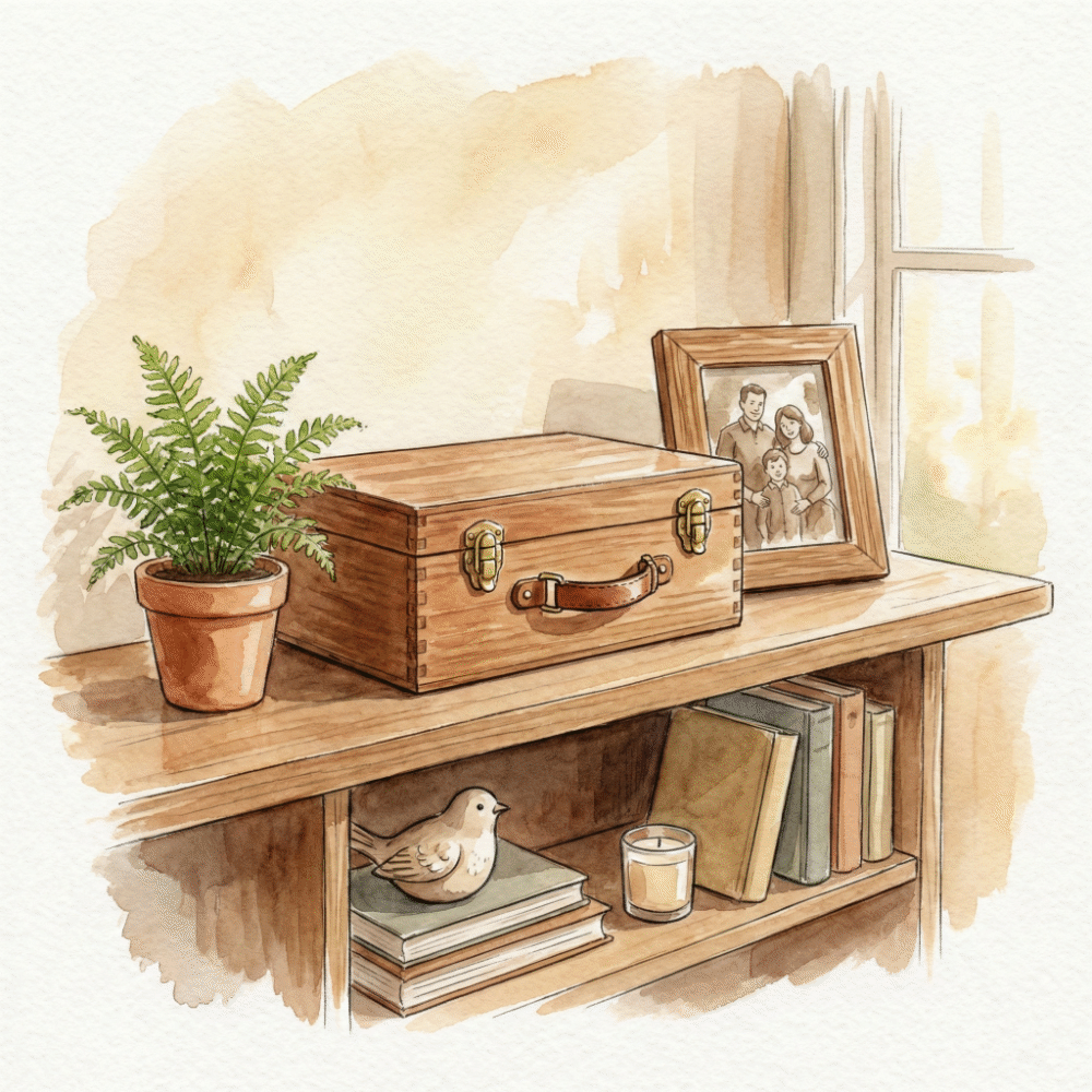 Illustration of a handsome wooden medicine box displayed on a living room shelf alongside a houseplant