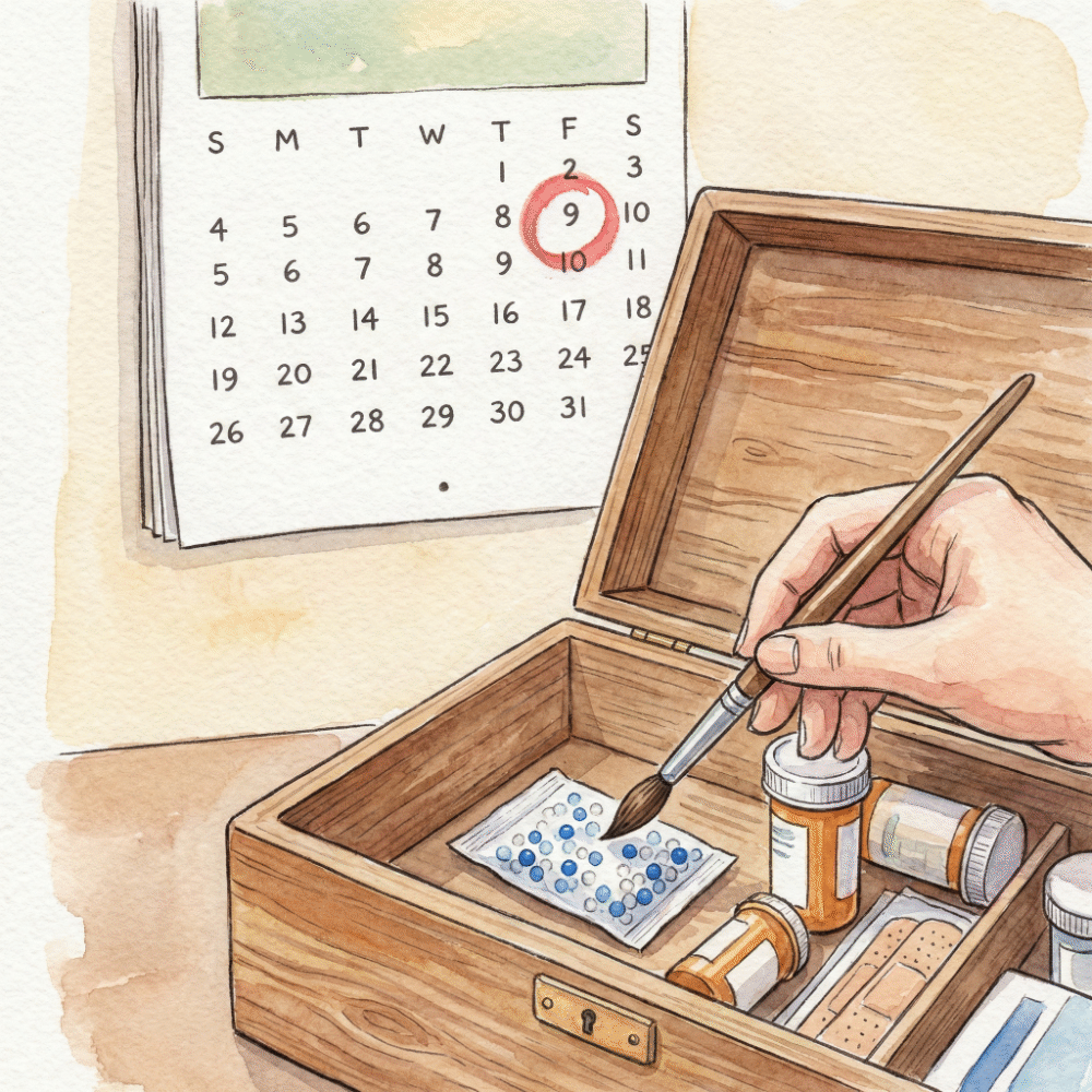 Illustration of checking medicine expiry dates on a calendar, and placing silica gel packets into the medicine box