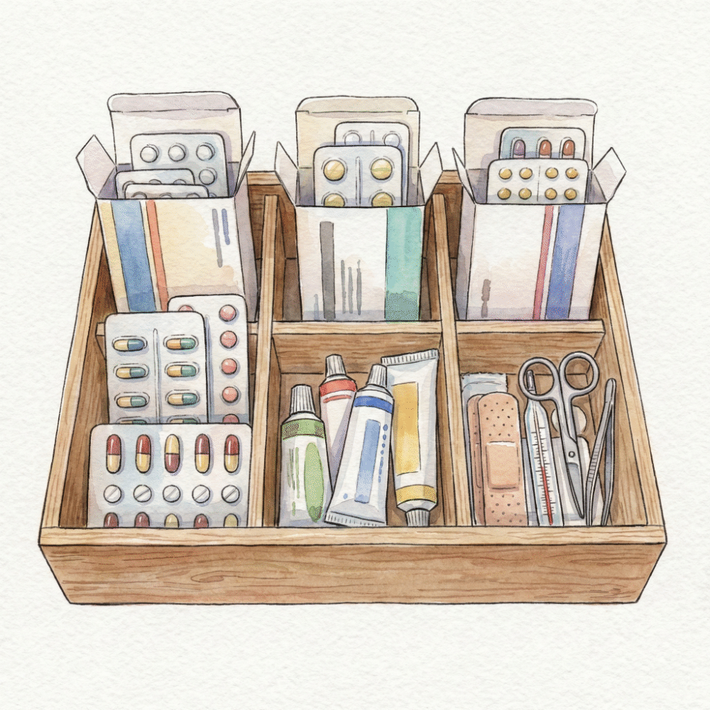 Illustrated diagram showing medicine boxes stored upright with lids removed and contents organized by category