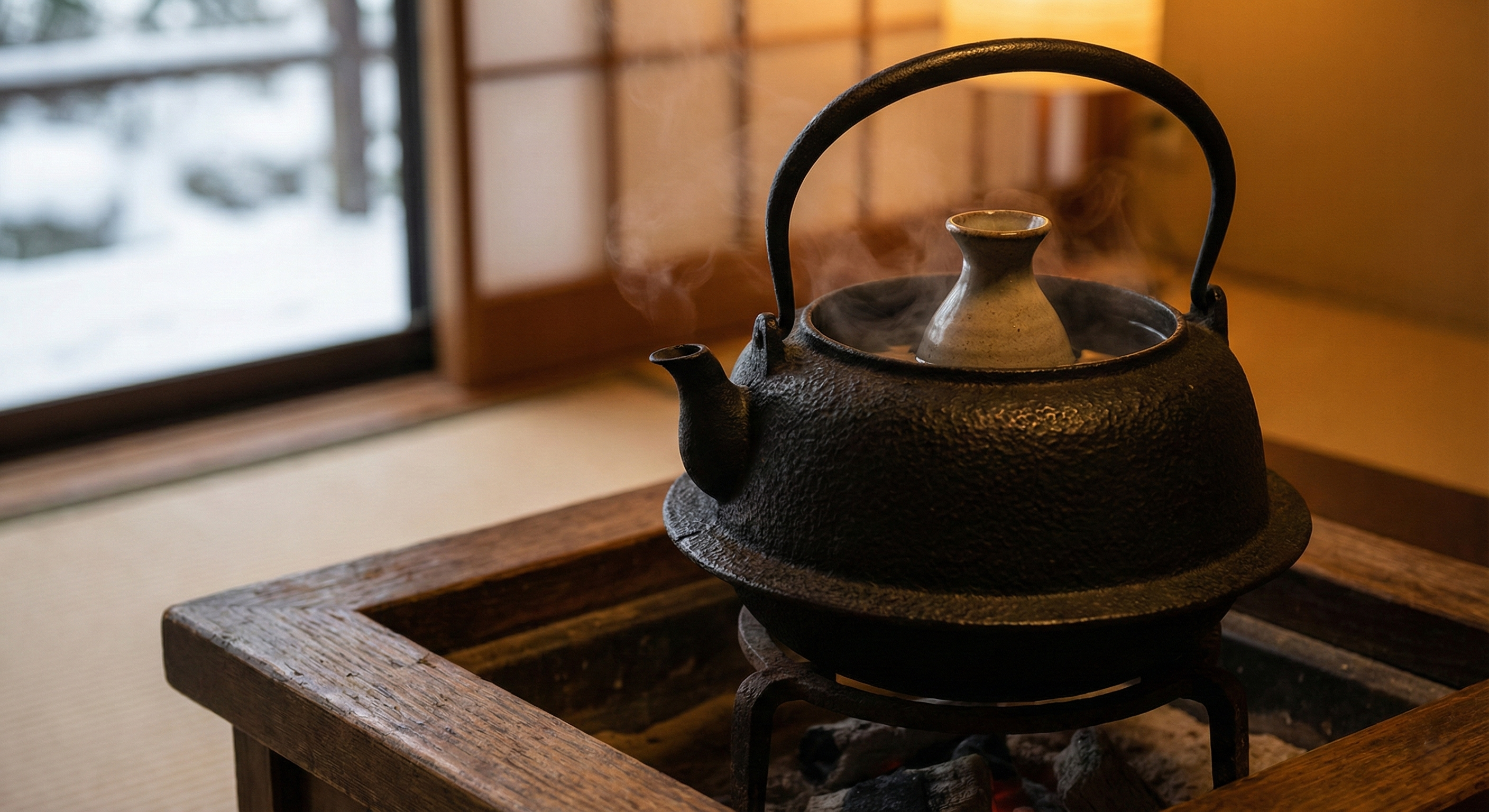 Heavy black Nambu tekki sake cup next to a tetsubin iron kettle