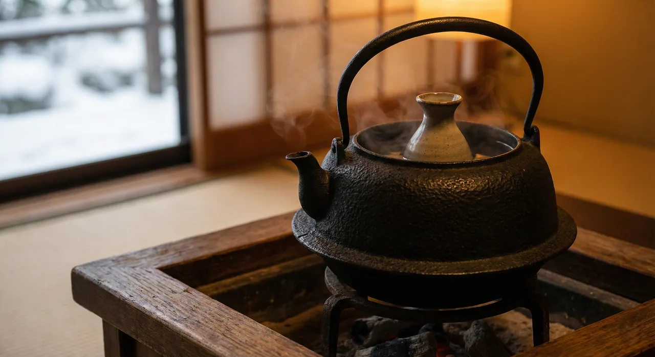 Heavy black Nambu tekki sake cup next to a tetsubin iron kettle