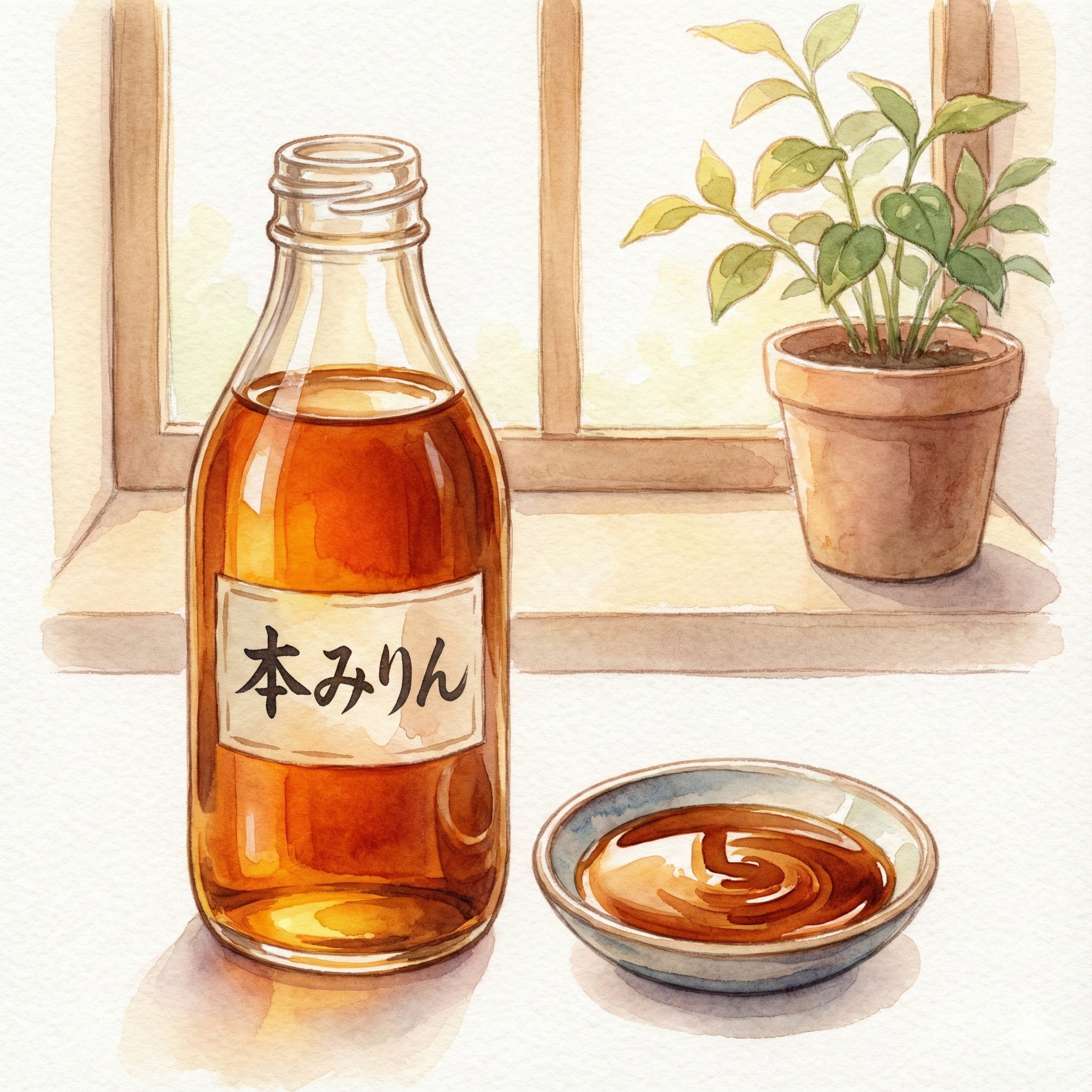 Illustration of amber-colored Sanshu Mikawa Mirin catching the light