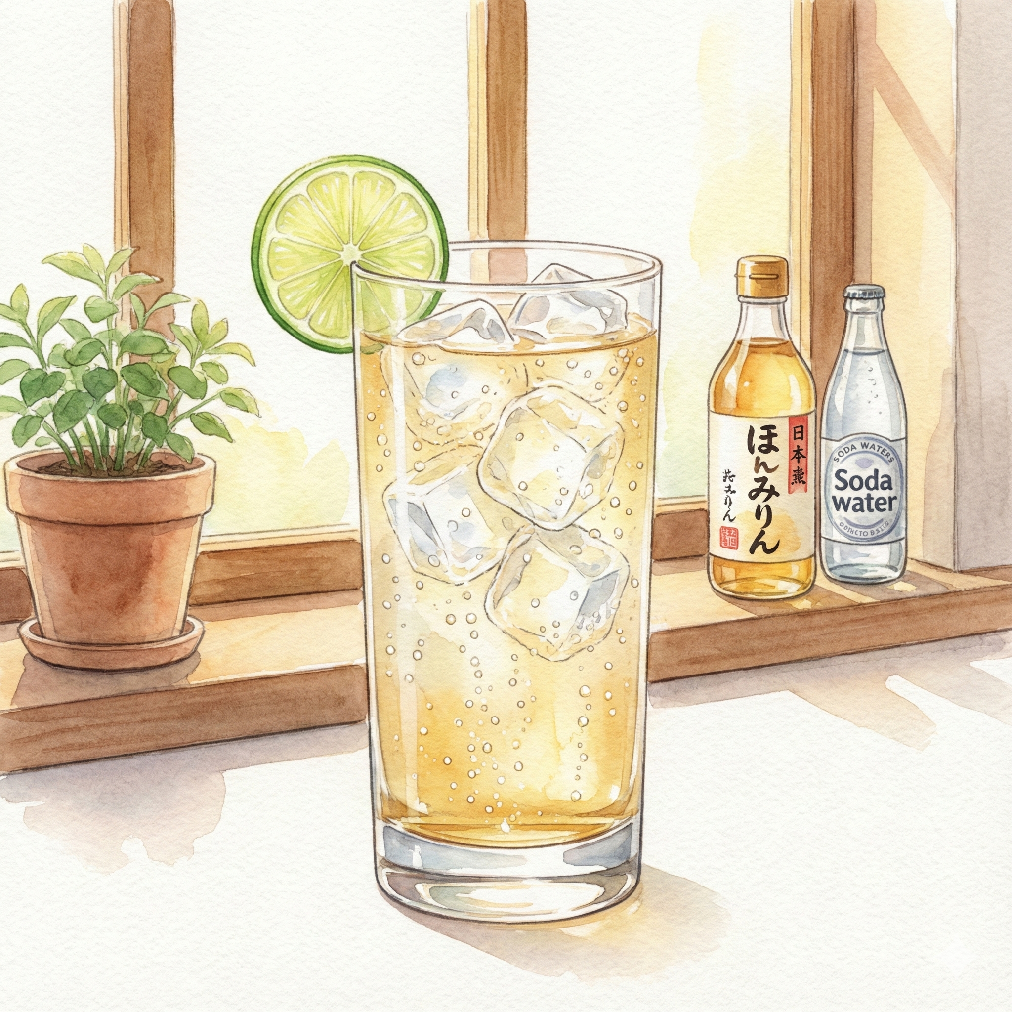Illustration of a mirin tonic cocktail with sparkling water and a lime wedge
