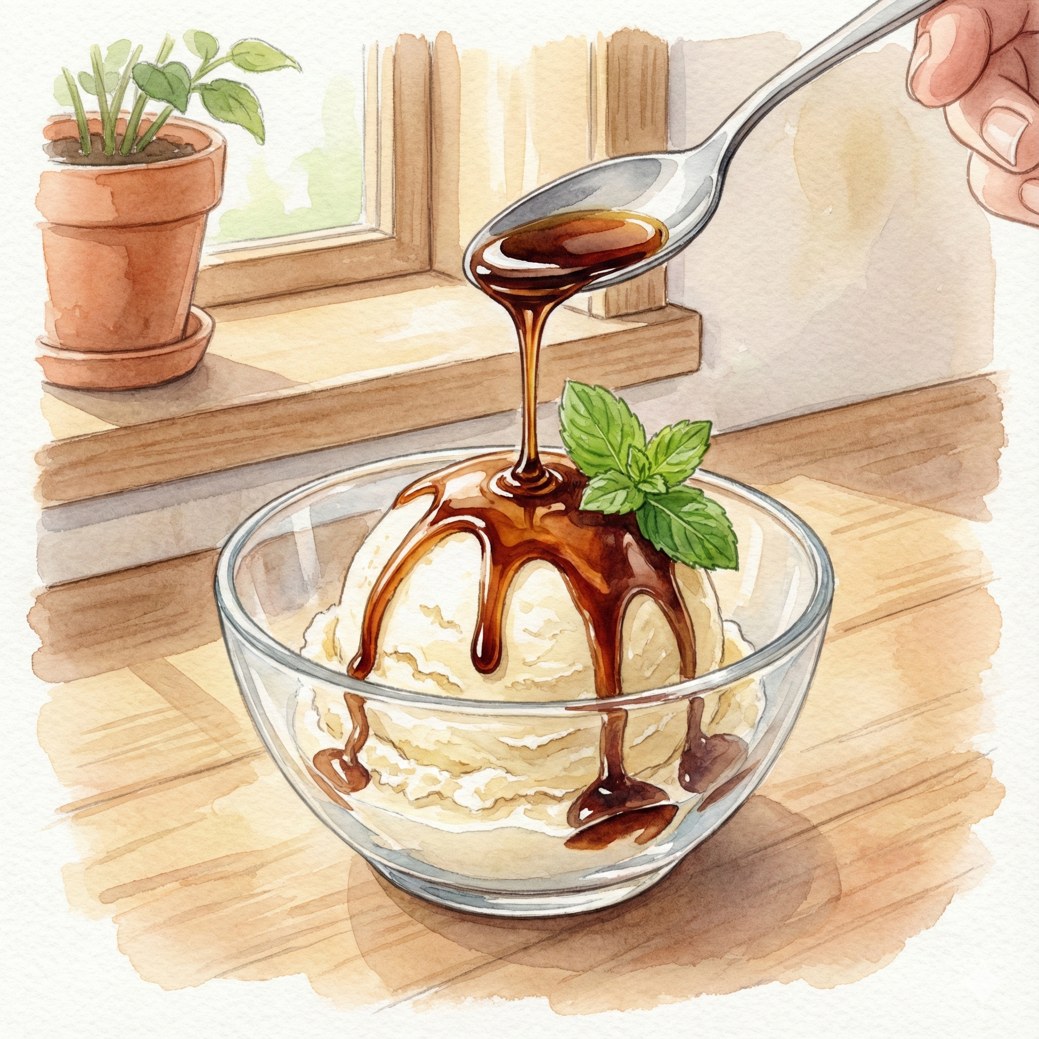 Illustration of hon mirin being drizzled over vanilla ice cream