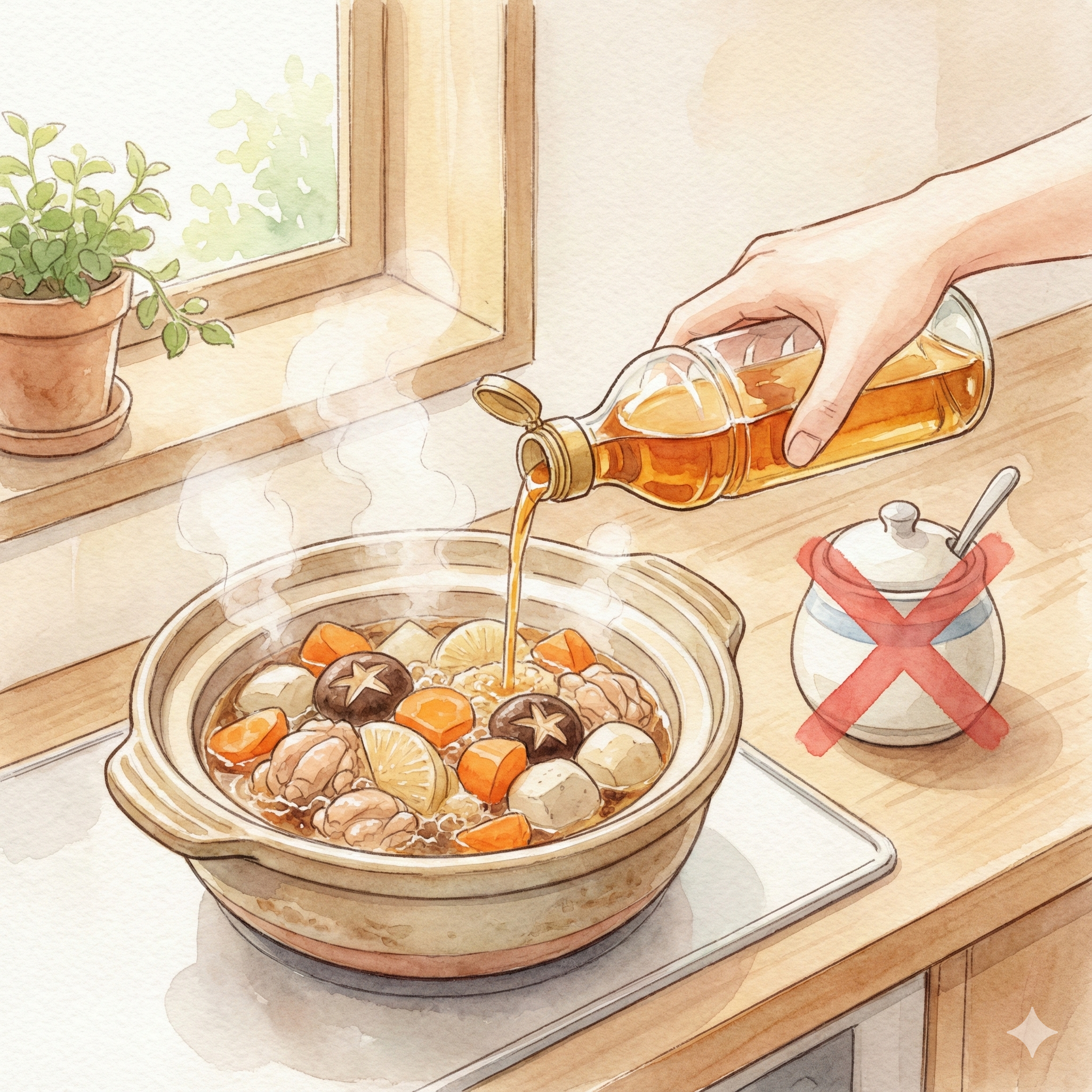 Illustration of cooking a simmered dish with hon mirin and no added sugar