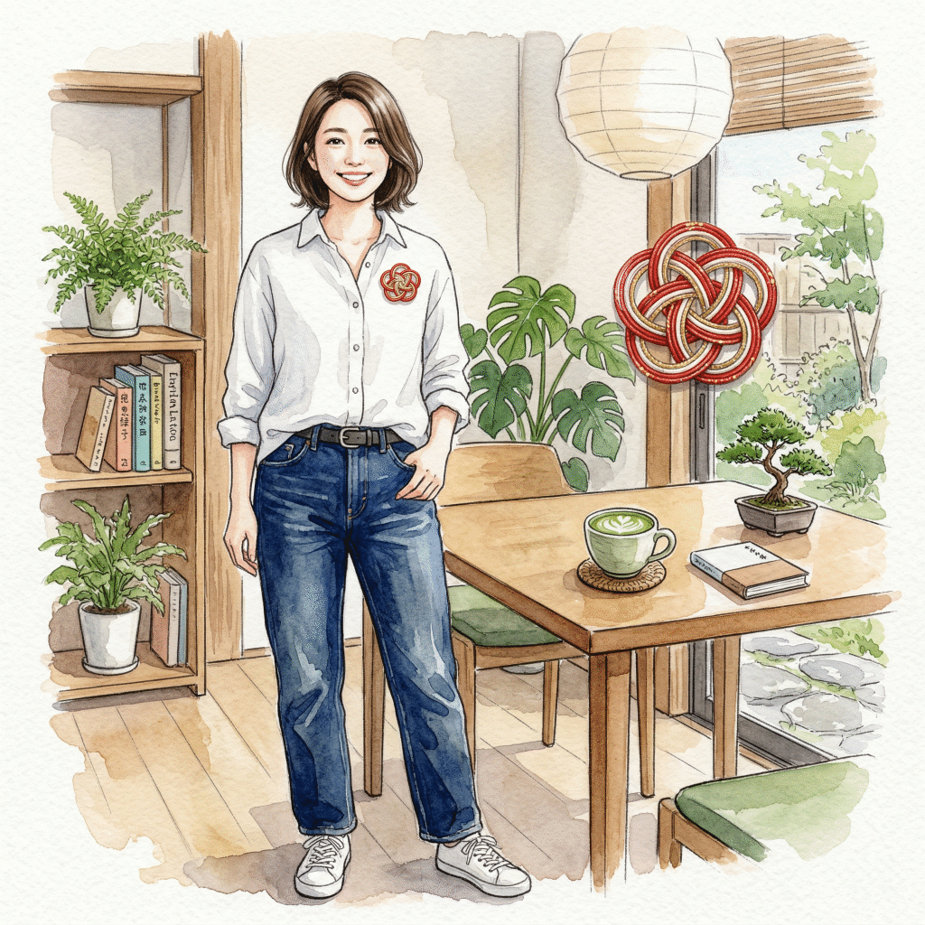 Ume brooch on white shirt and denim — mizuhiki as a single accessory point