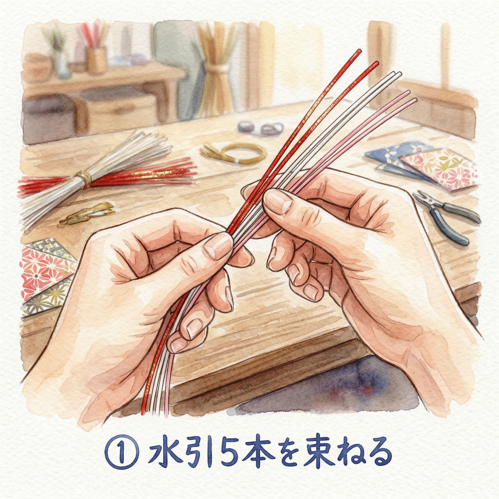Step 1: Bundle 5 mizuhiki cords together as the foundation