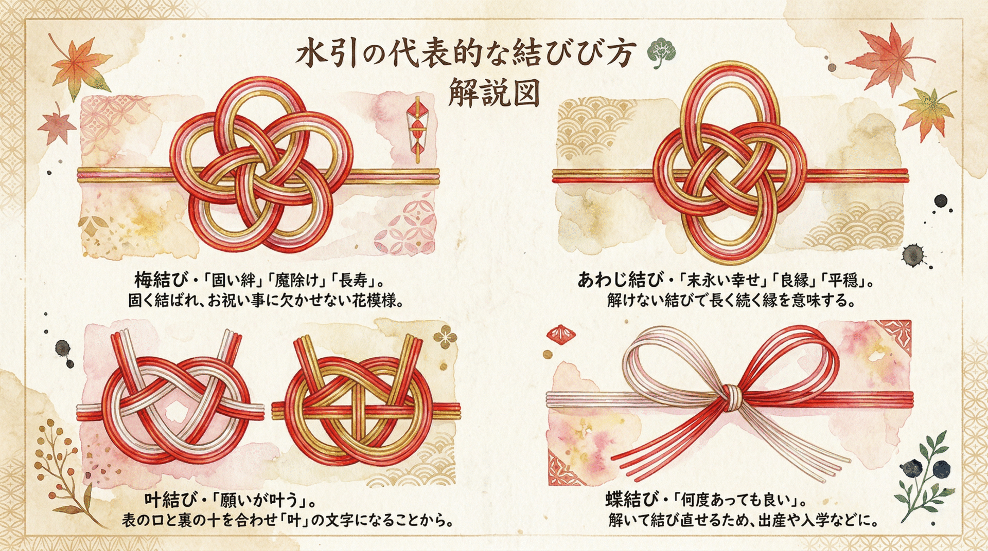 Four mizuhiki knot types: plum (ume), awaji, kanau, and butterfly (cho) with their meanings