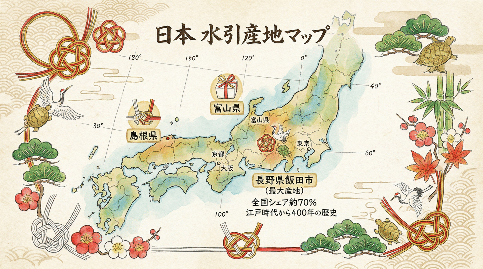 Map of Japan showing Iida City, Nagano as the main mizuhiki production region (70% of Japan's output)