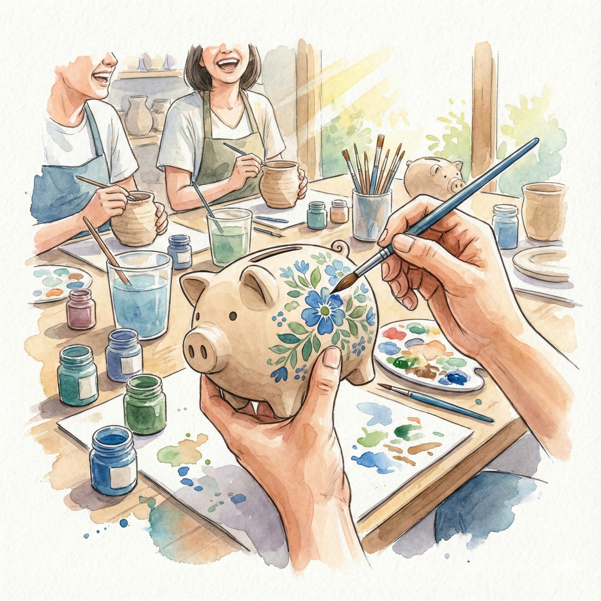 Illustration of a pottery workshop in Yokkaichi, Mie, where participants are painting their own kayaributa pig holders