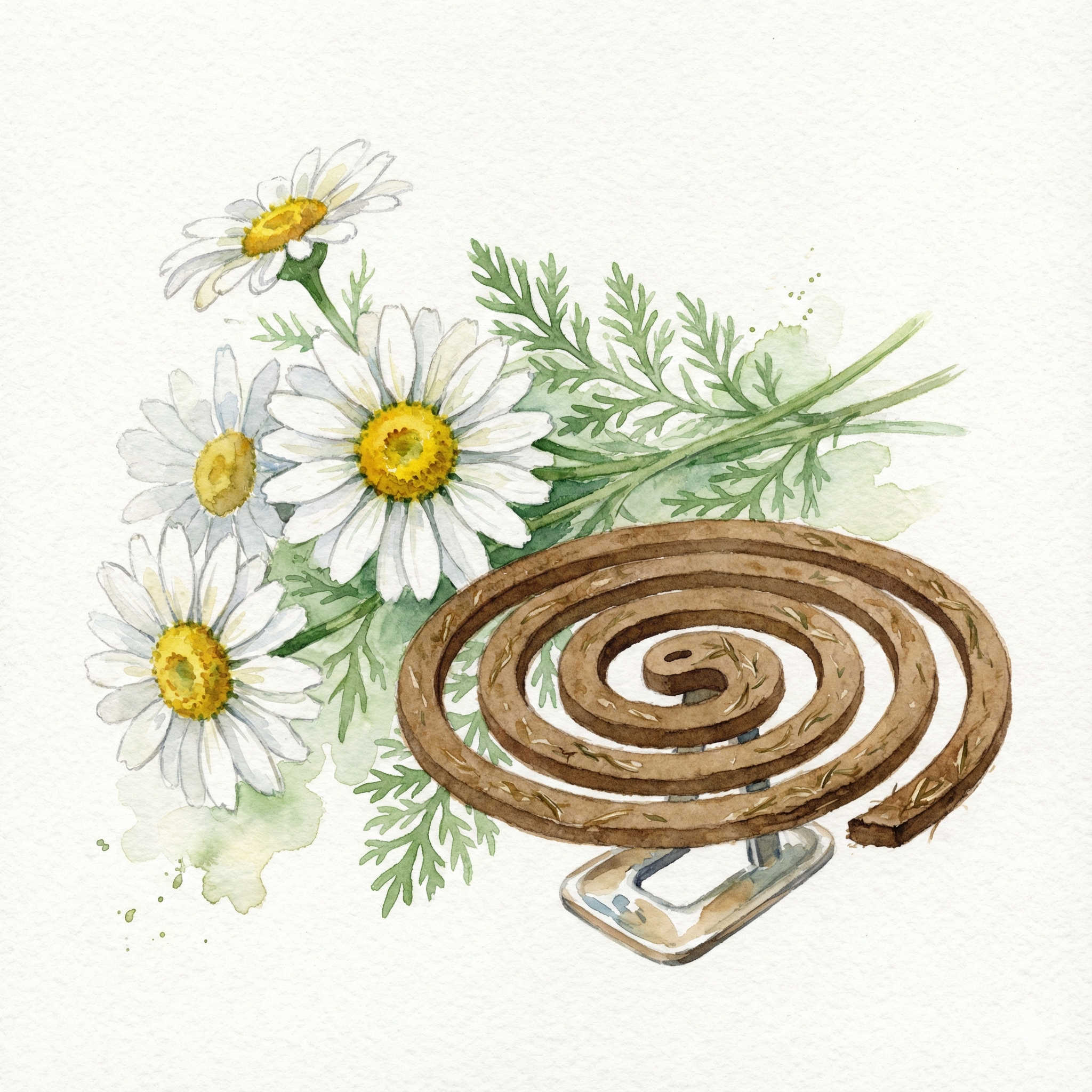 Illustration of white pyrethrum daisy flowers alongside brown natural mosquito coils