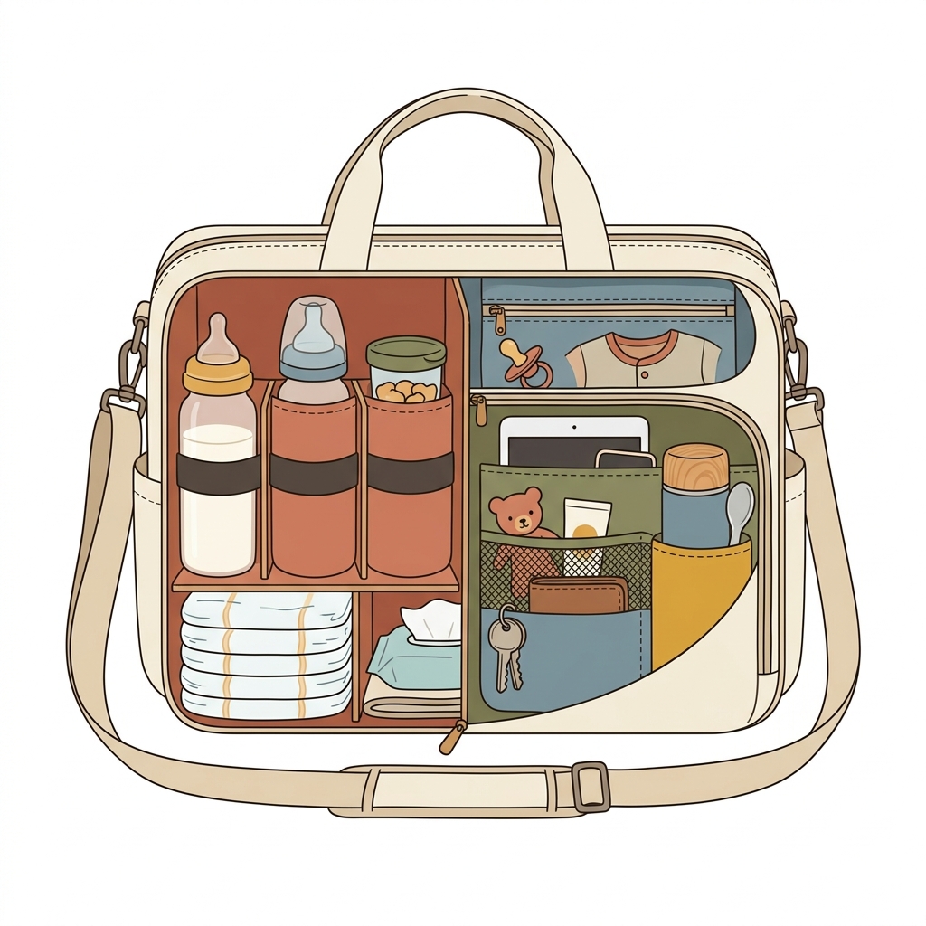 Interior view showing dedicated pockets: bottle slot, diaper compartment, wipe pocket, parent pocket