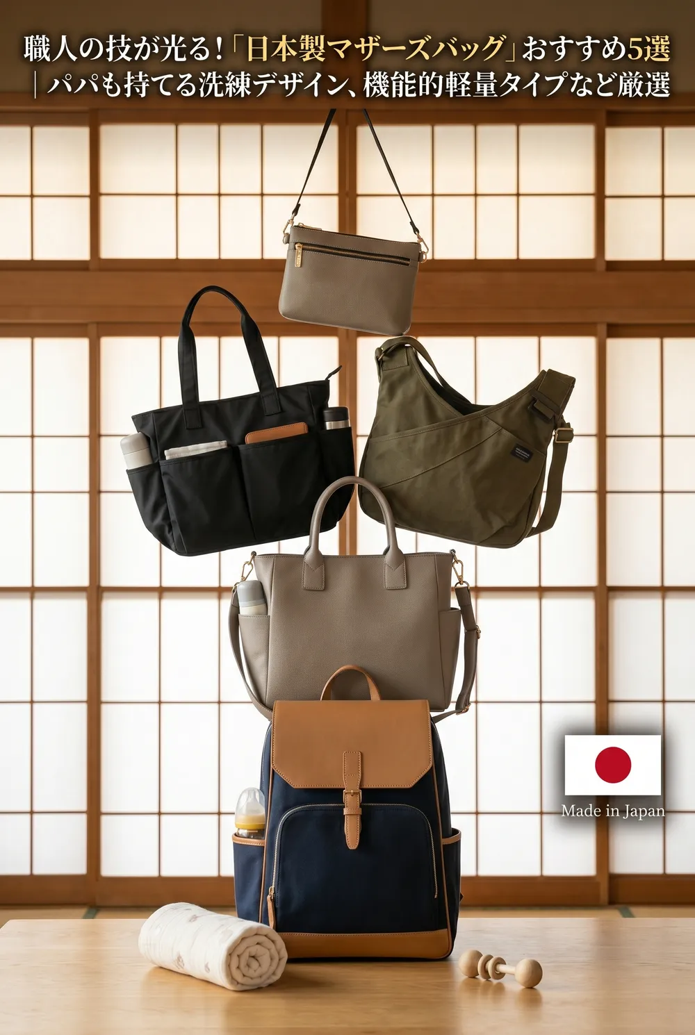 Parent carrying baby with lightweight Japanese parents' tote on stroller
