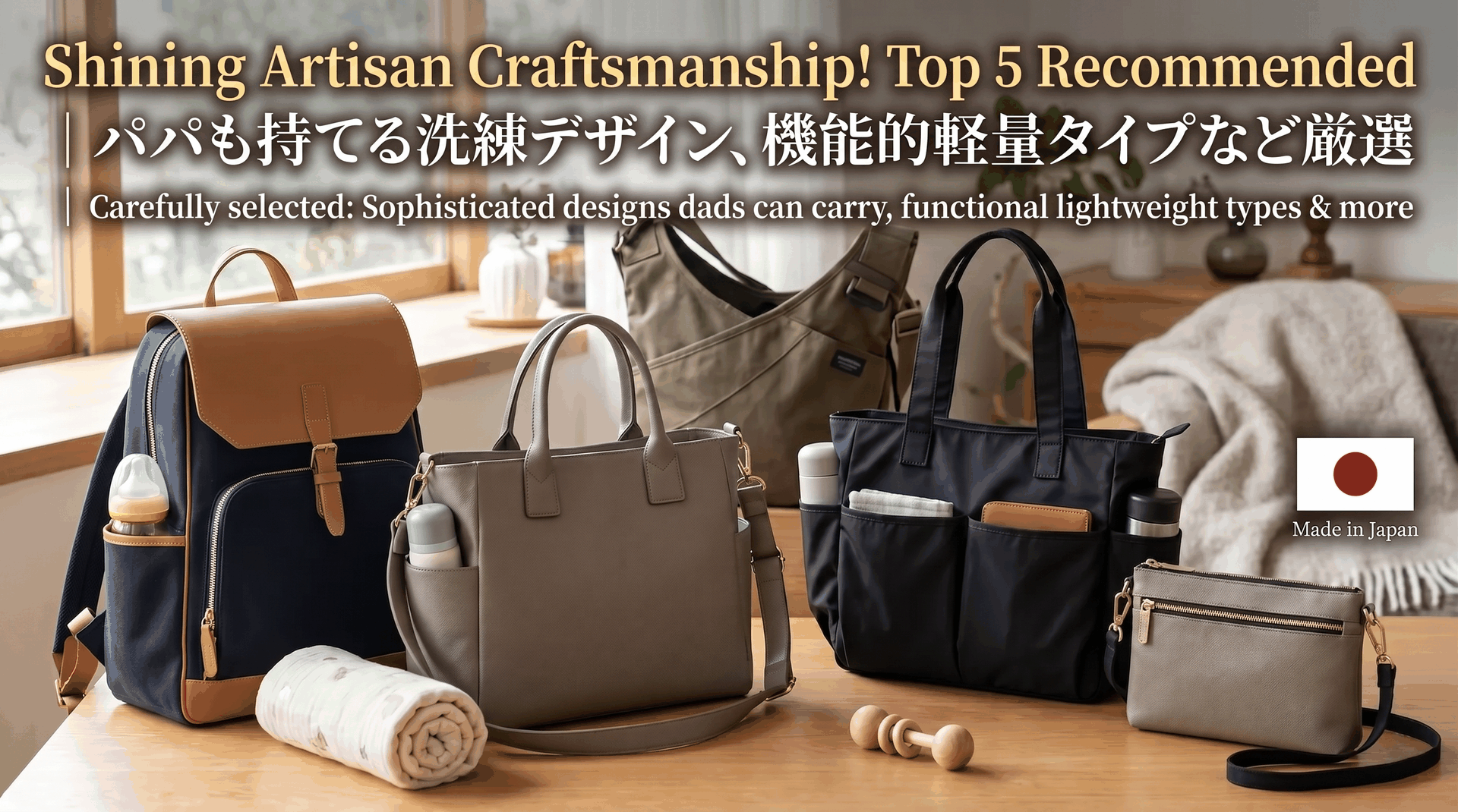 Japanese mothers' tote bag with multiple external and internal pockets, standing upright without support