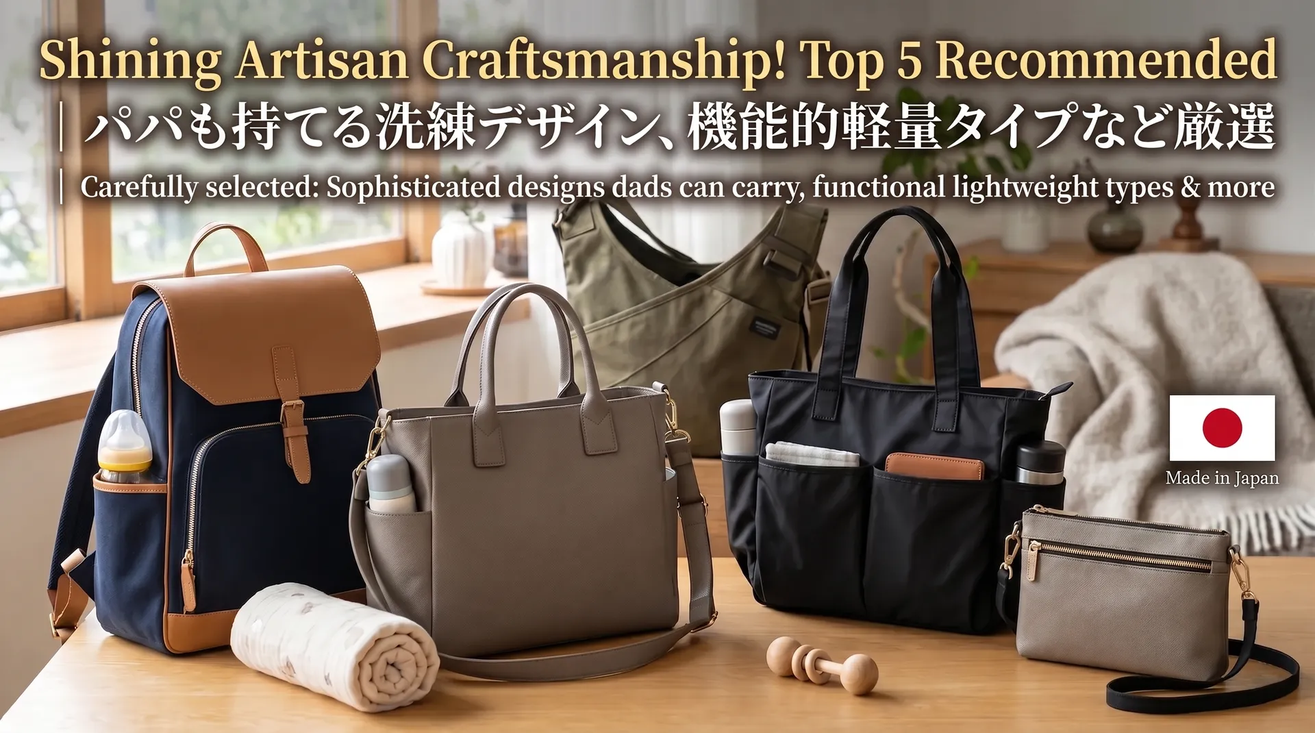 Japanese mothers' tote bag with multiple external and internal pockets, standing upright without support