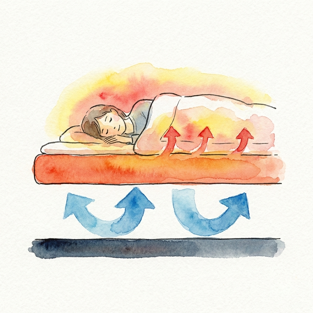Illustration showing a warming mattress pad blocking cold from rising through the floor and reaching the sleeper's back