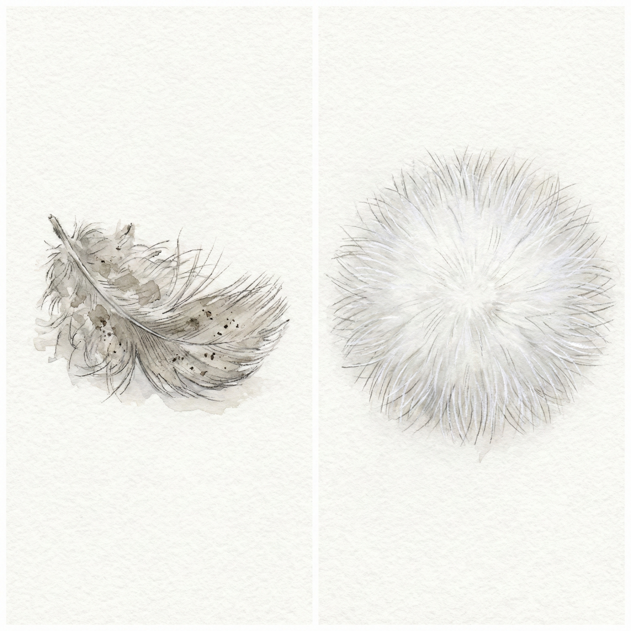 Comparison illustration: unwashed down that won't loft vs. Kawata Feather-washed down that blooms fully