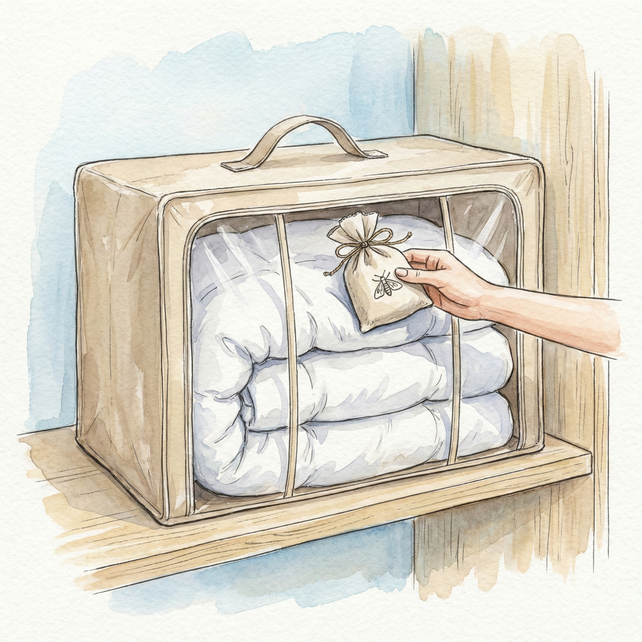 Illustration of a down duvet stored loosely in a breathable non-woven case, with moth repellent placed beside a wool blanket
