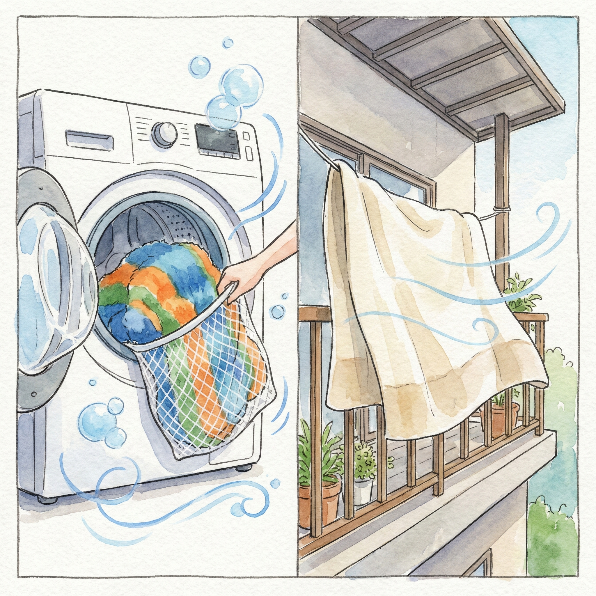 Illustration of acrylic blanket going into a washing machine vs. wool and down being aired on a rack in shade