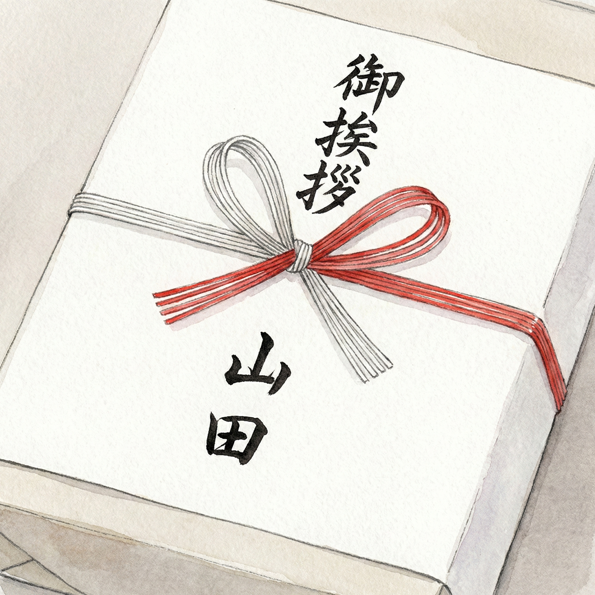 Illustration of a correctly written soto-noshi label: bow-knot ribbon, '御挨拶' on top, family name below